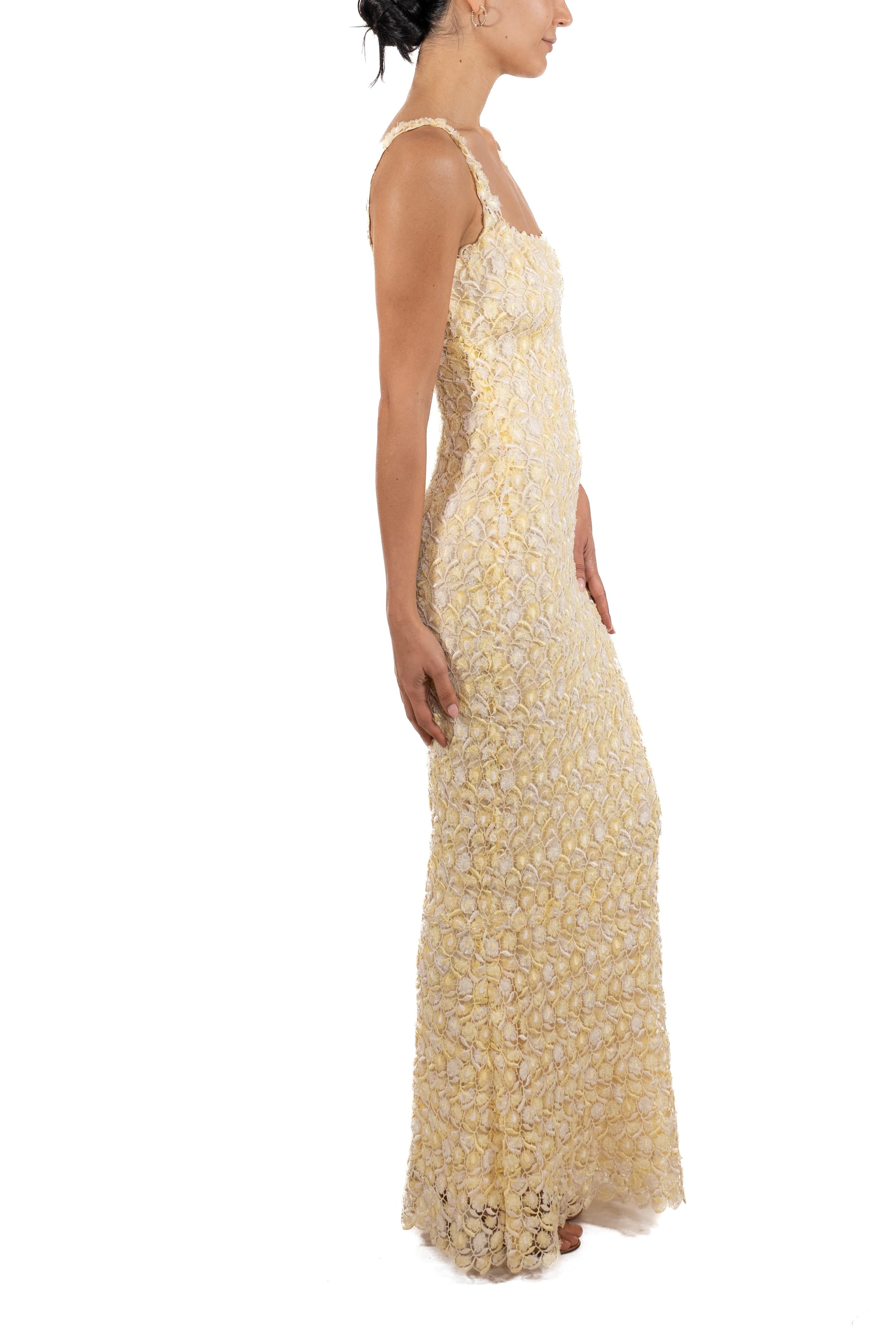 1990S Butter Yellow & White Rayon/Lurex Lace Gown Lined In Silk For Sale 2