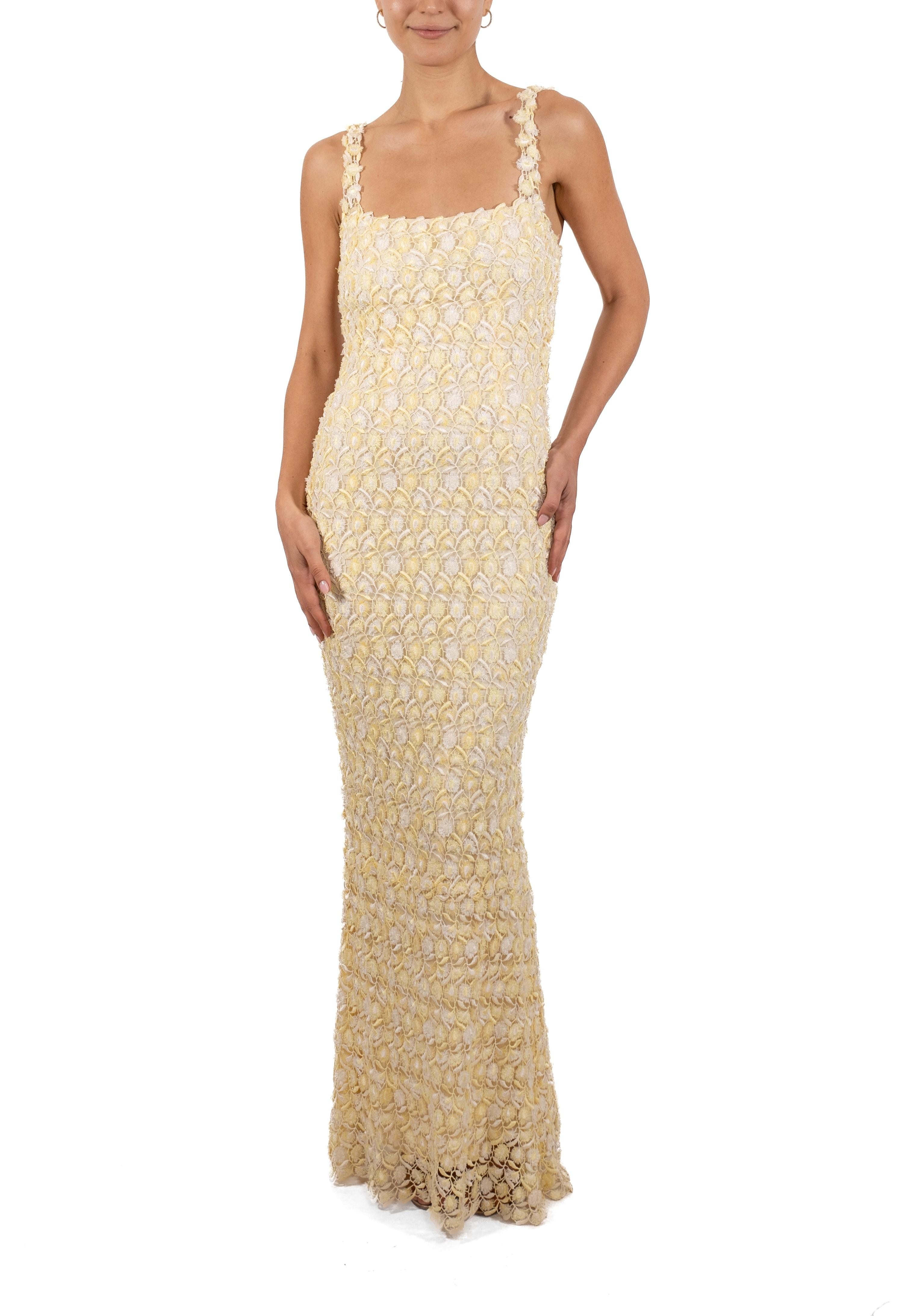 1990S Butter Yellow & White Rayon/Lurex Lace Gown Lined In Silk For Sale 4