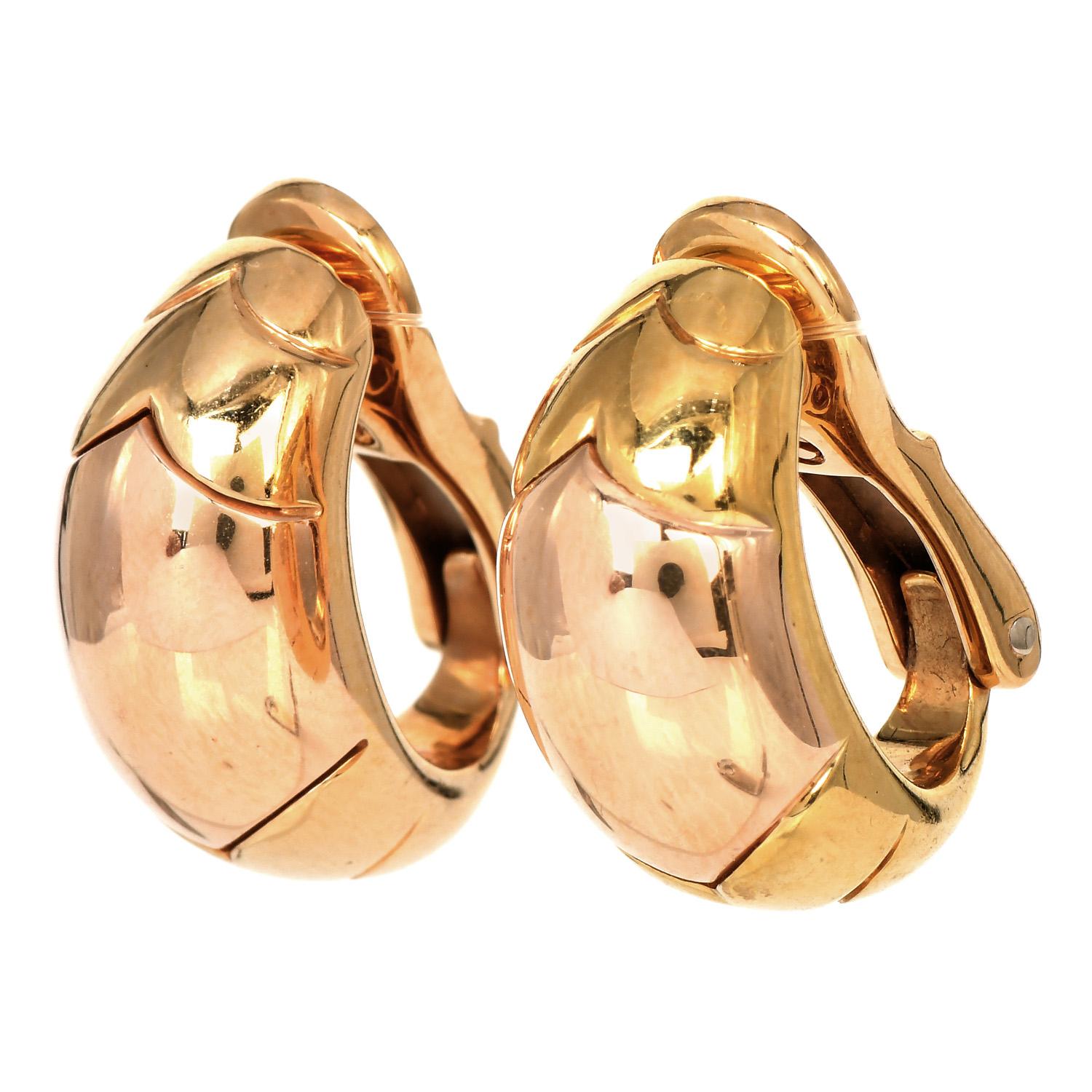 Klassischer Bvlgari Gold Hochglanzpolierter halber Creolenring,

Hergestellt aus massivem 18 Karat Gelb- und Roségold.

Sie messen ca. 20 mm x 10 mm und wiegen 16,0 Gramm. Die Ohrringe haben einen Omega-Clip-Verschluss, der speziell für nicht