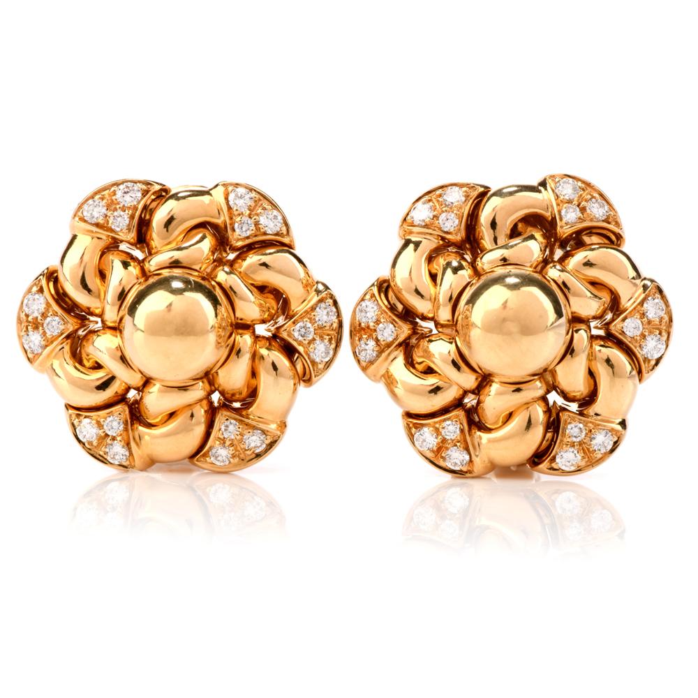 These collectable 1990's Bvlgari gold and pave diamond clip-back earrings are of Italian provenance, bearing the hallmark of the country and the designer's signature on clip-backs.  

Artfully rendered in high polished solid 18K yellow gold, these