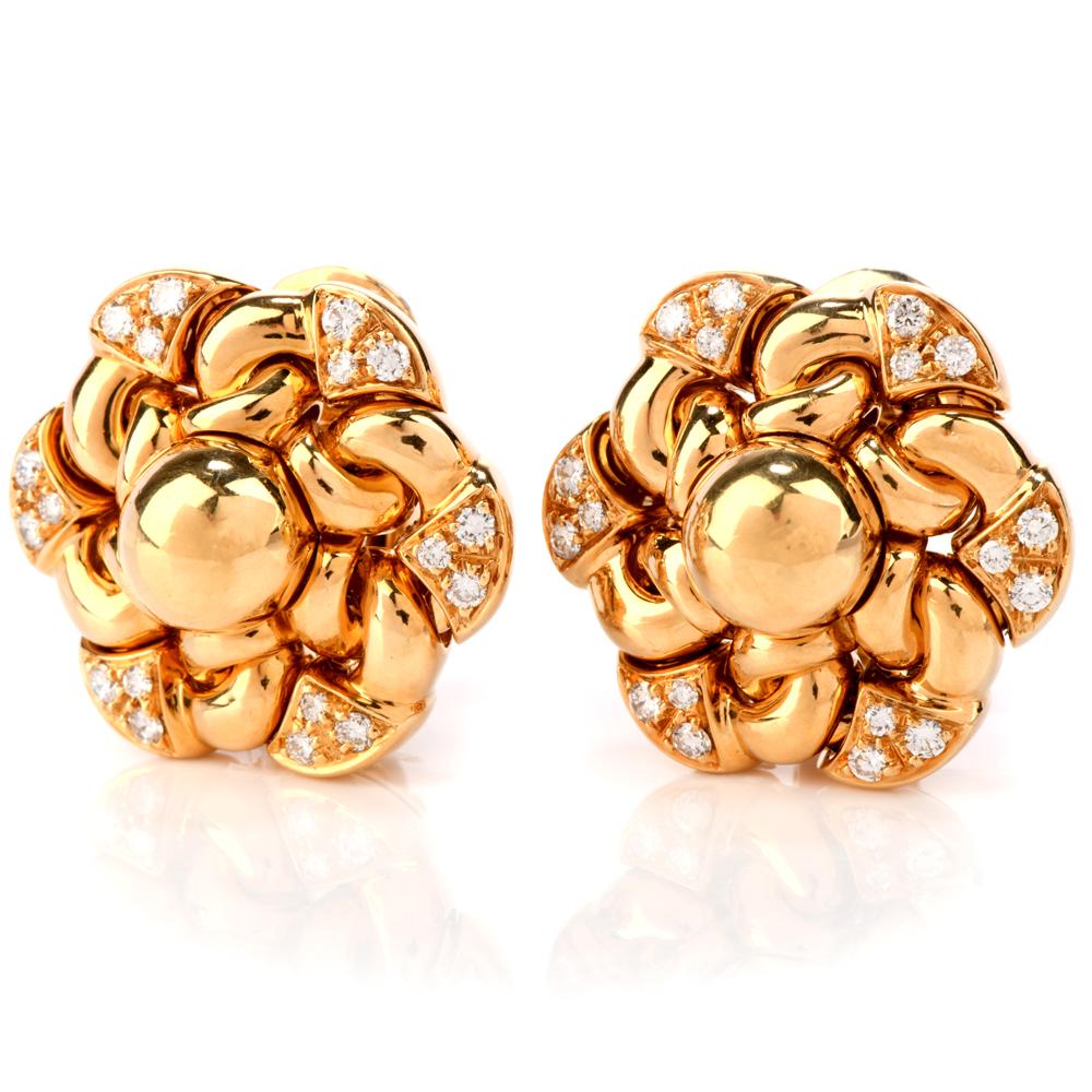 Modern 1990s Bvlgari Floral Diamond Clip-Back Yellow Gold Bulgari Earrings