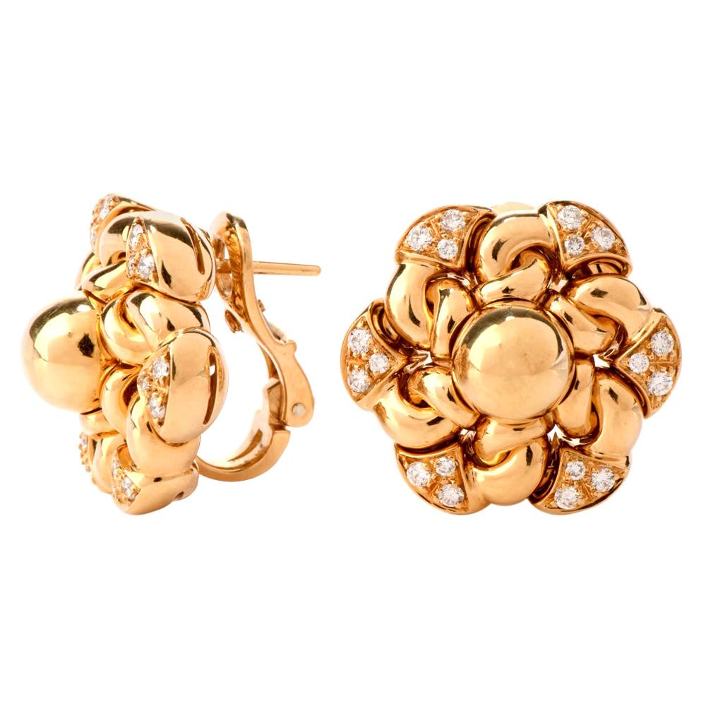 1990s Bvlgari Floral Diamond Clip-Back Yellow Gold Bulgari Earrings