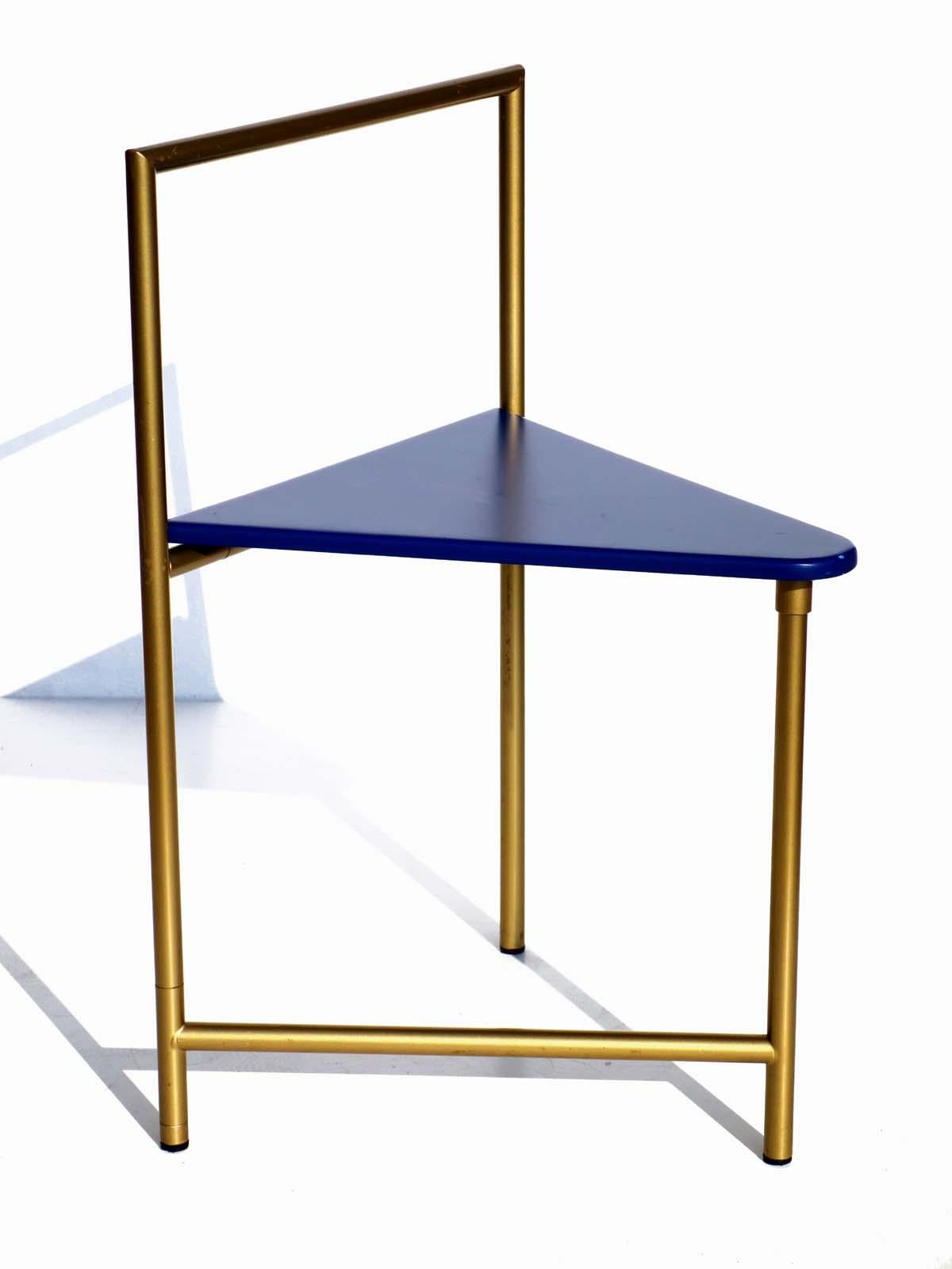 Rare folding chair blue plastic seat and gold metal frame
Manufacture sticker label.