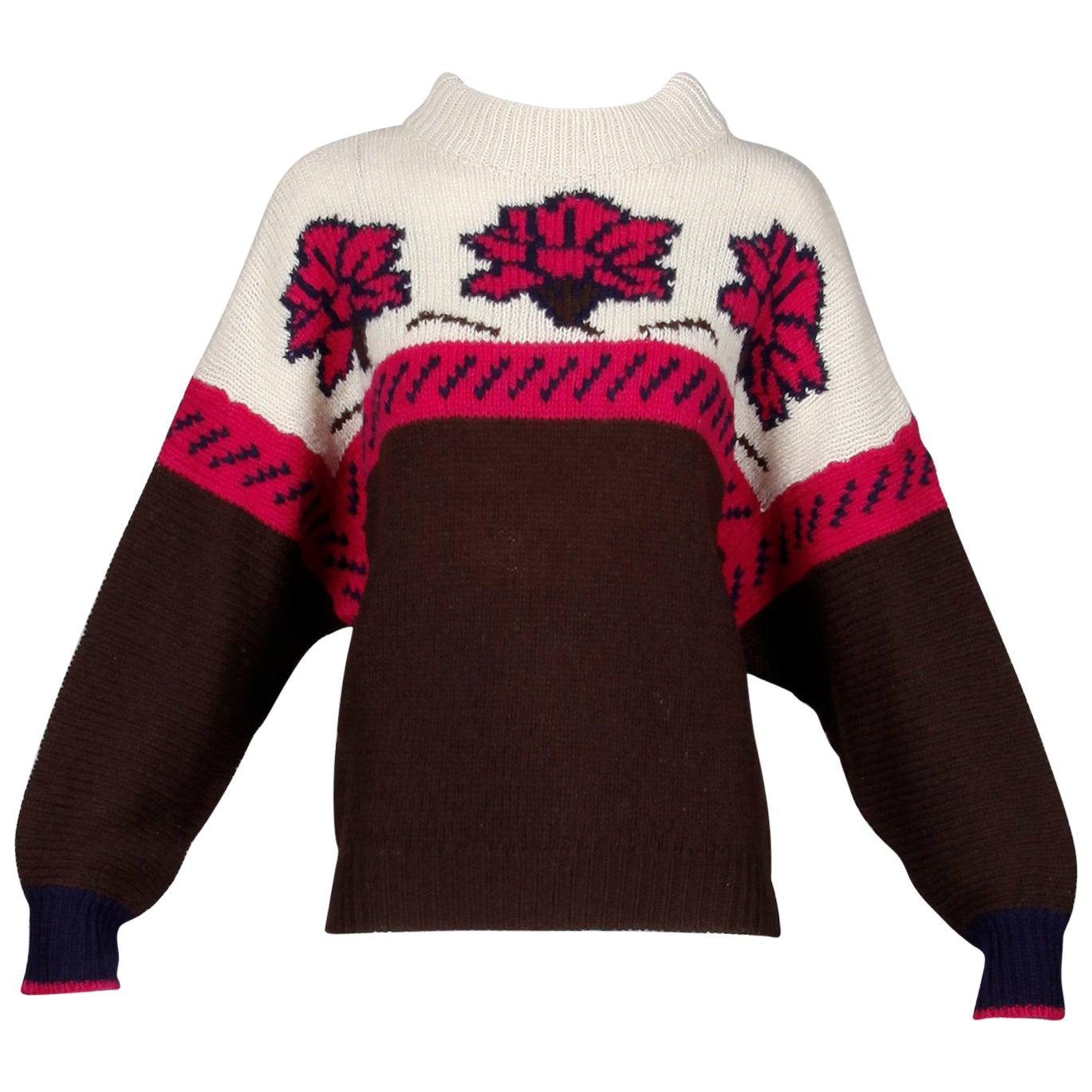 1990s Byblos Vintage 100% Wool Chunky Knit Sweater Top with Flower Design