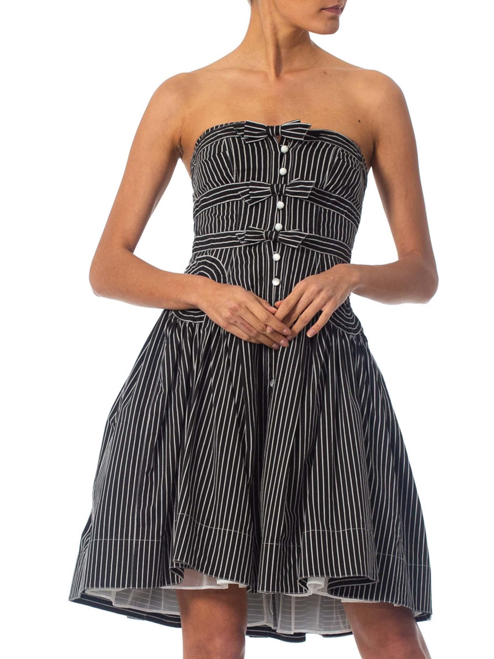1990S BYRON LARS Black & White Striped Cotton Blend Strapless 1950S Style Dress In Excellent Condition In New York, NY