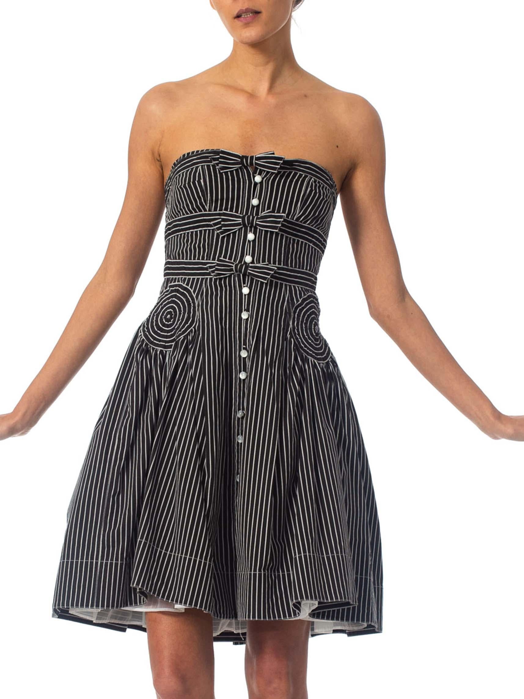 Women's 1990S BYRON LARS Black & White Striped Cotton Blend Strapless 1950S Style Dress
