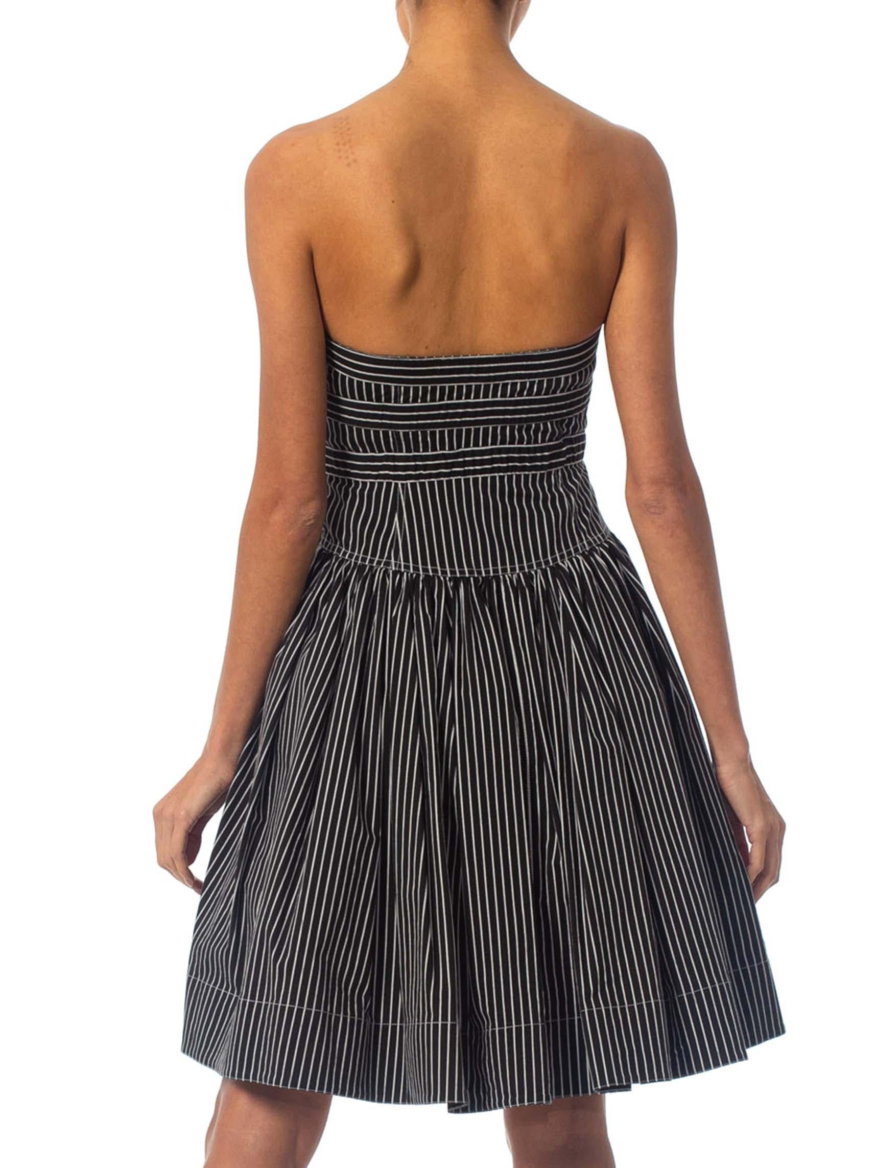 1990S BYRON LARS Black & White Striped Cotton Blend Strapless 1950S Style Dress 1