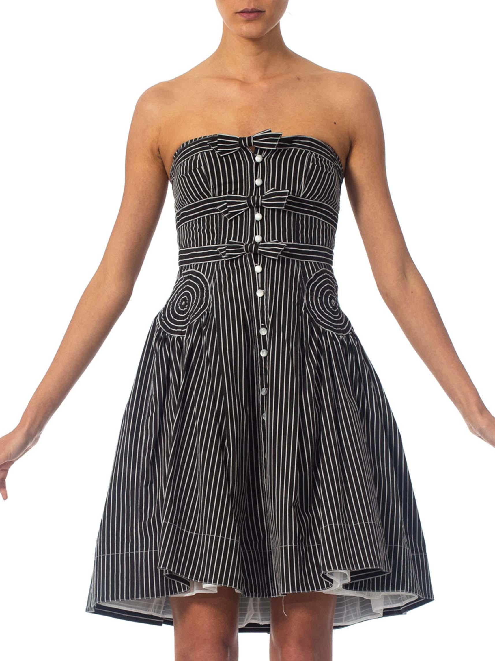 1990S BYRON LARS Black & White Striped Cotton Blend Strapless 1950S Style Dress 4