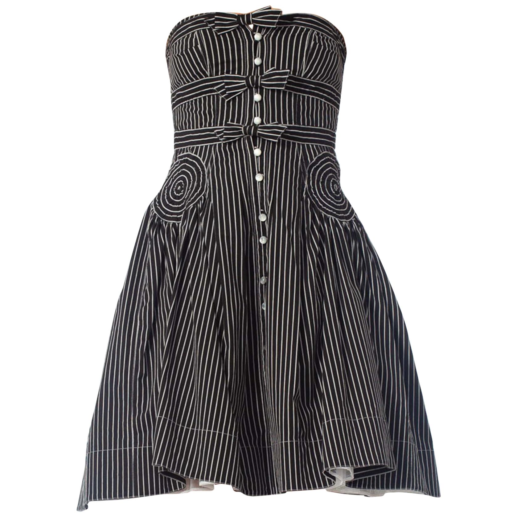 1990S BYRON LARS Black & White Striped Cotton Blend Strapless 1950S Style Dress