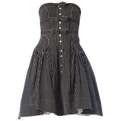 Vintage 1990S BYRON LARS Black & White Striped Cotton Blend Strapless 1950S Style Dress