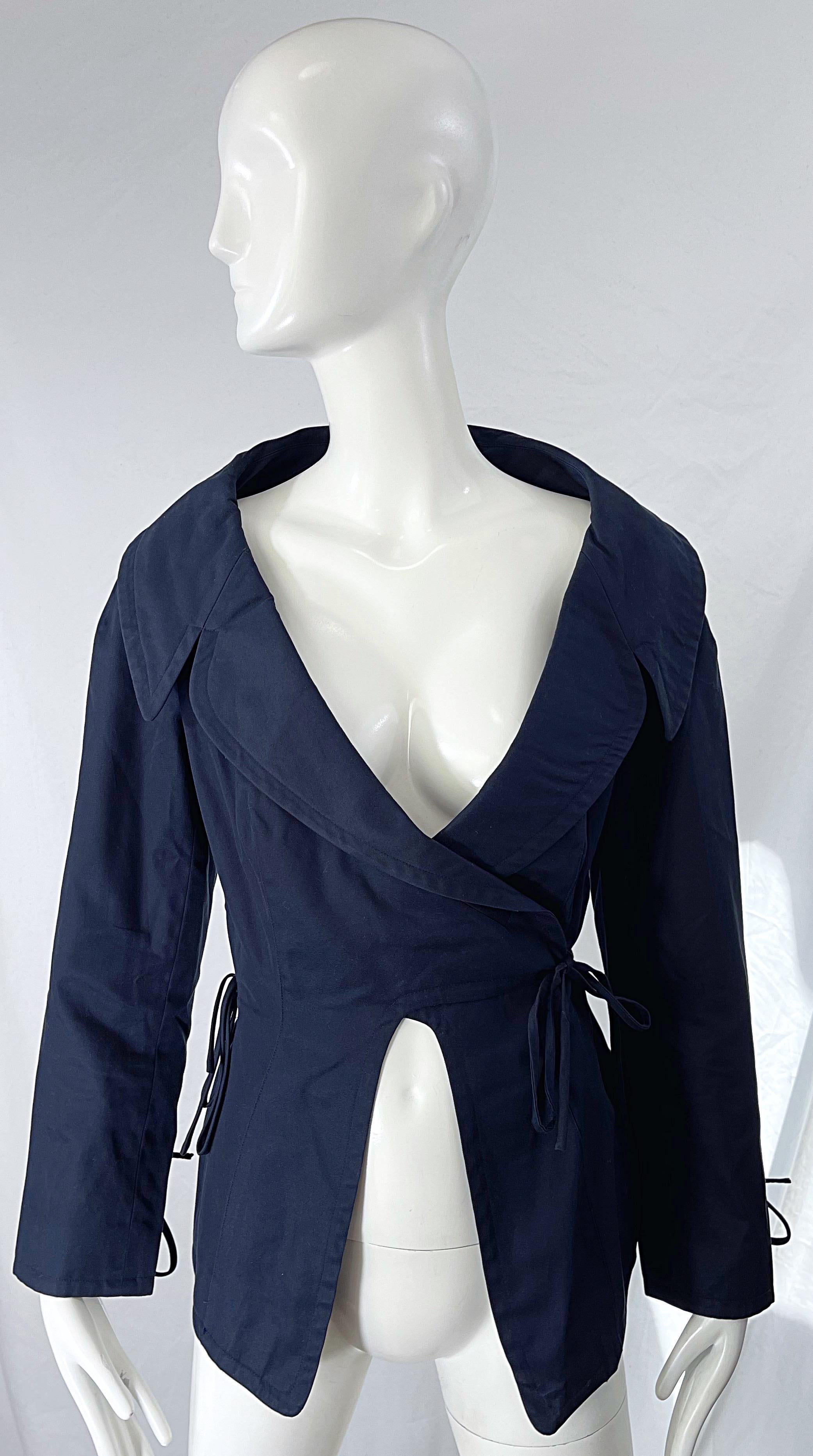 1990s Byron Lars Navy Blue Cotton Avant Garde Vintage 90s Wrap Blazer Jacket For Sale 3