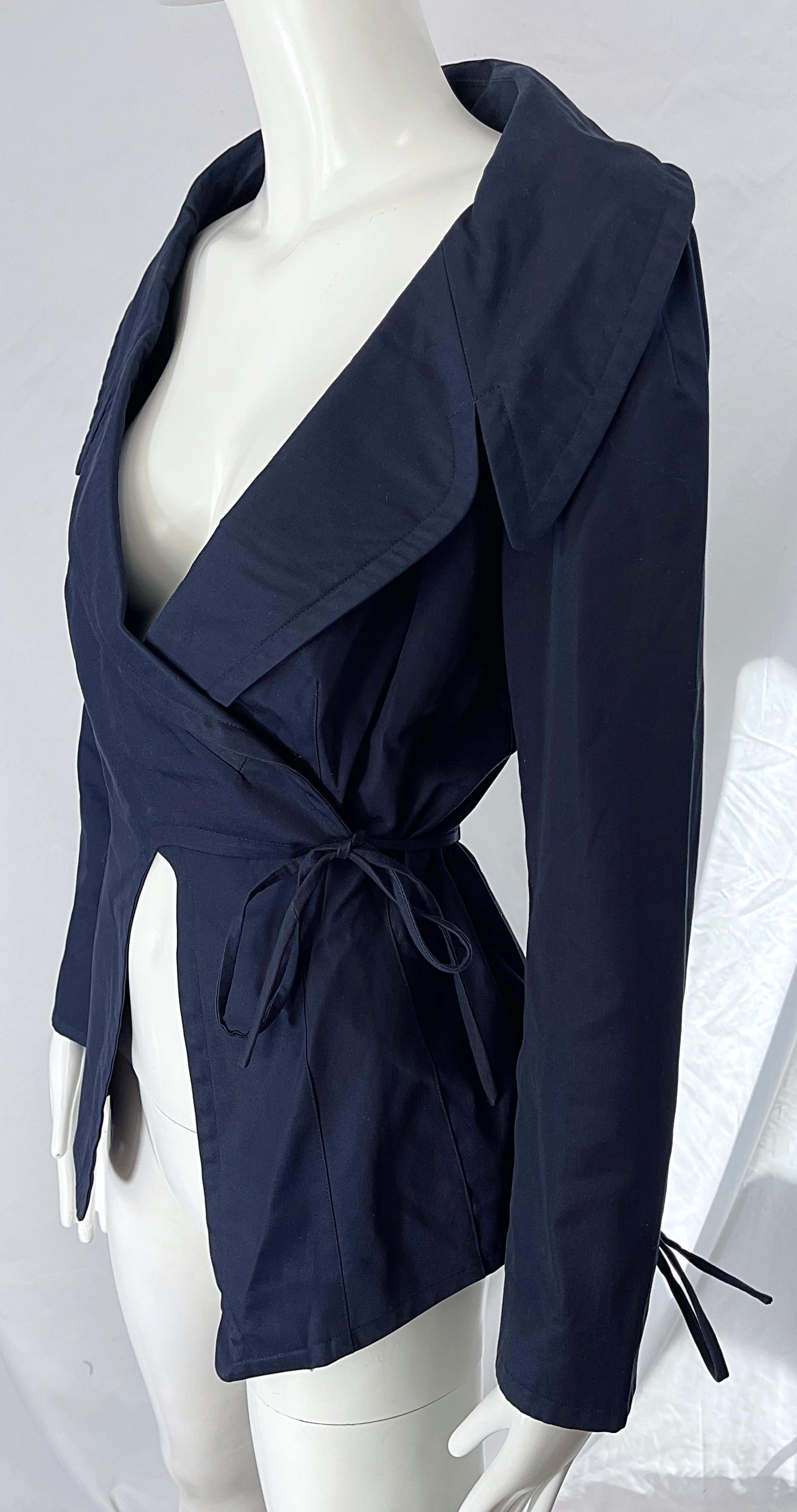 Women's 1990s Byron Lars Navy Blue Cotton Avant Garde Vintage 90s Wrap Blazer Jacket For Sale