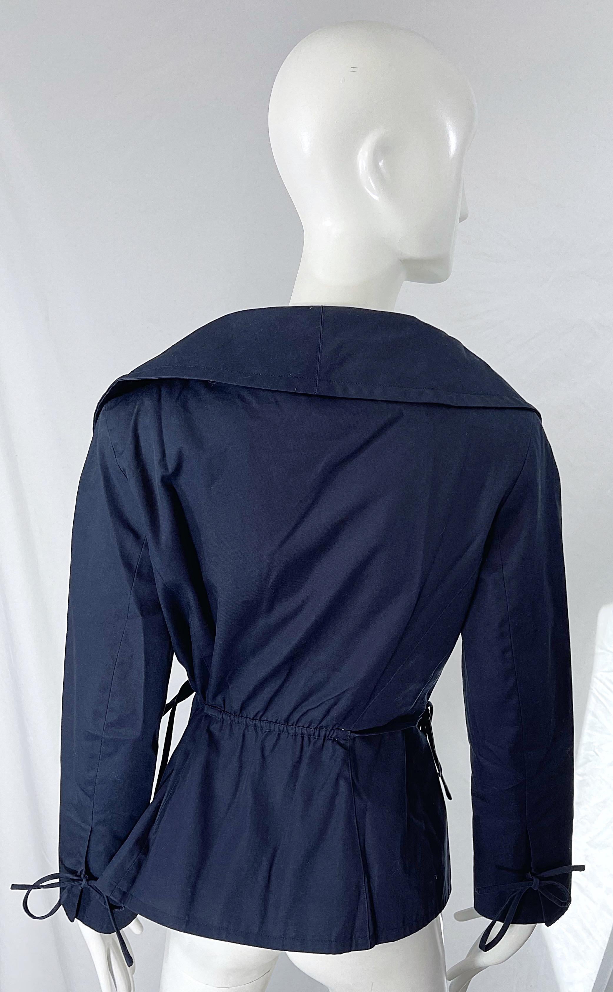 1990s Byron Lars Navy Blue Cotton Avant Garde Vintage 90s Wrap Blazer Jacket For Sale 1