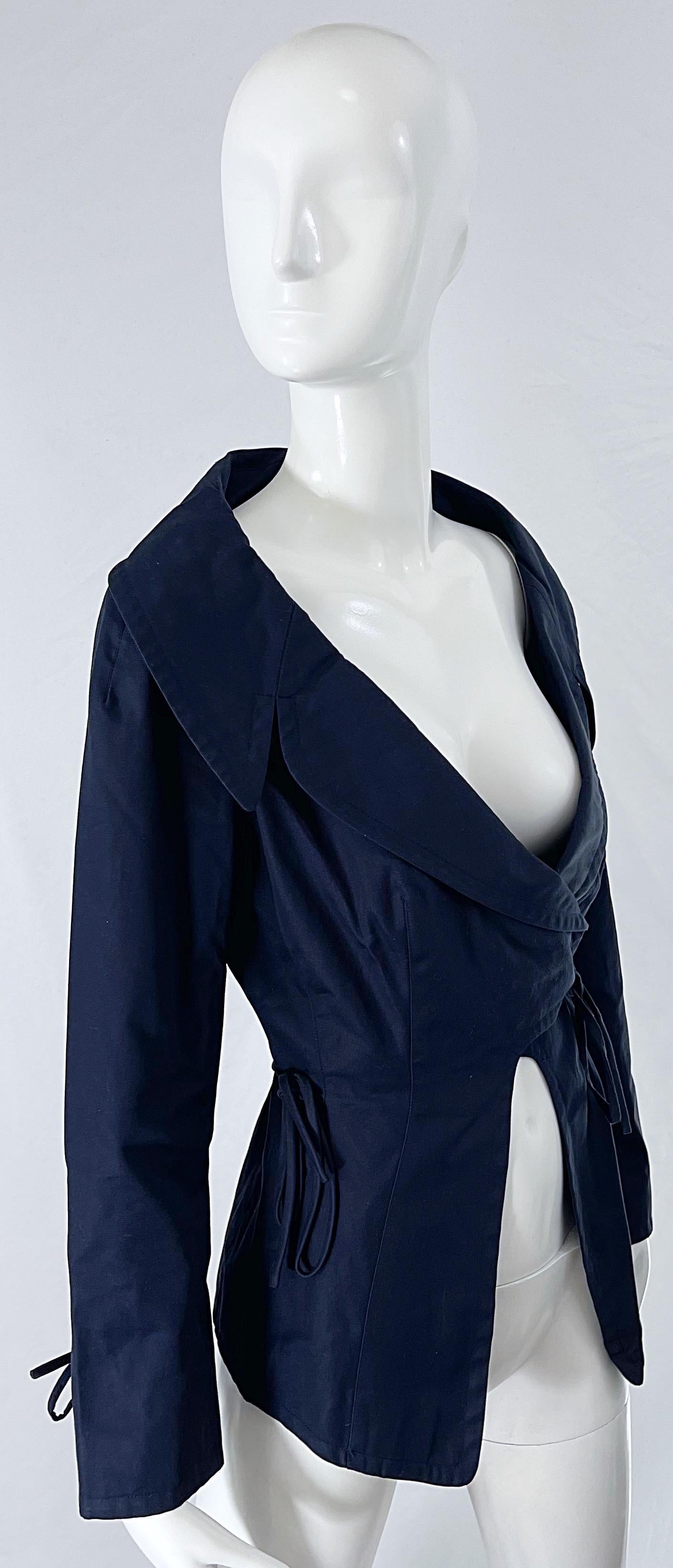 1990s Byron Lars Navy Blue Cotton Avant Garde Vintage 90s Wrap Blazer Jacket For Sale 2