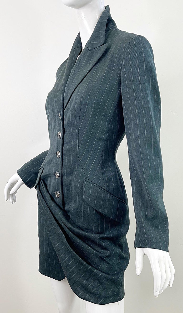 1990s Byron Lars Size 4 / 6 Dark Green Pin Striped Avant Garde Vintage 90s Dress For Sale 7