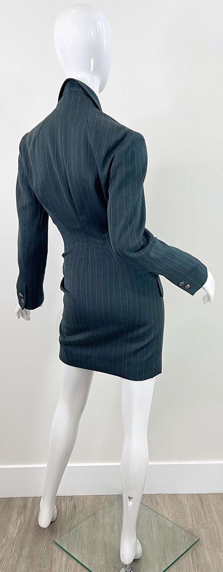 1990s Byron Lars Size 4 / 6 Dark Green Pin Striped Avant Garde Vintage 90s Dress For Sale 8