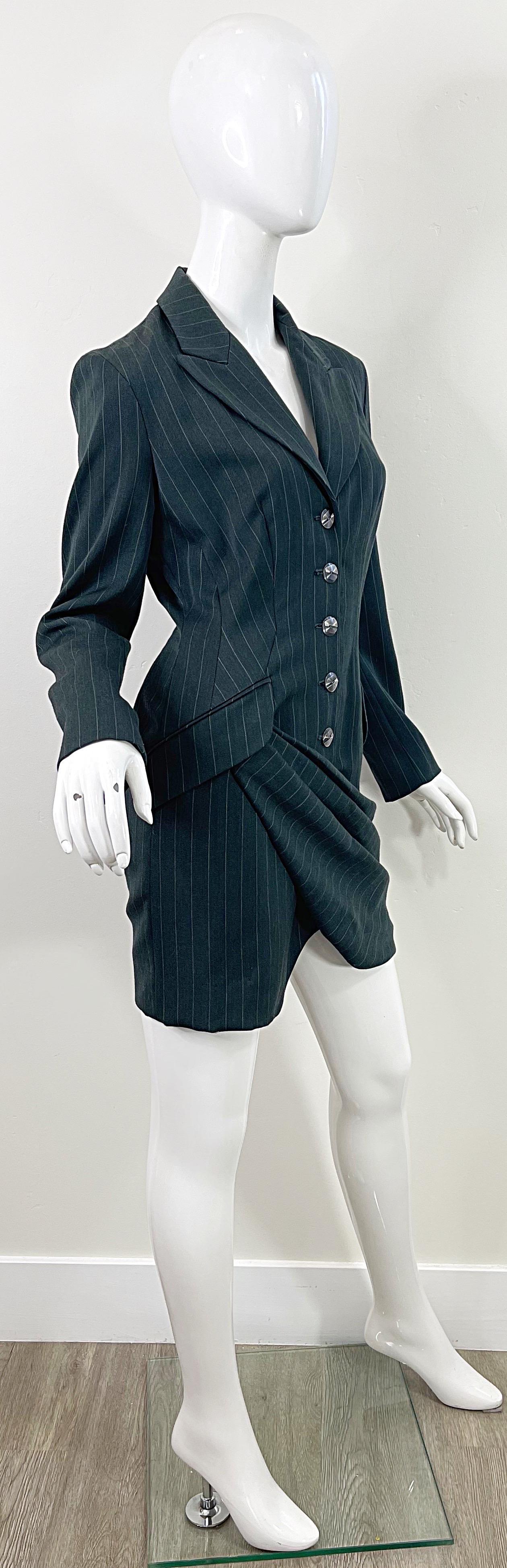 1990s Byron Lars Size 4 / 6 Dark Green Pin Striped Avant Garde Vintage 90s Dress For Sale 9