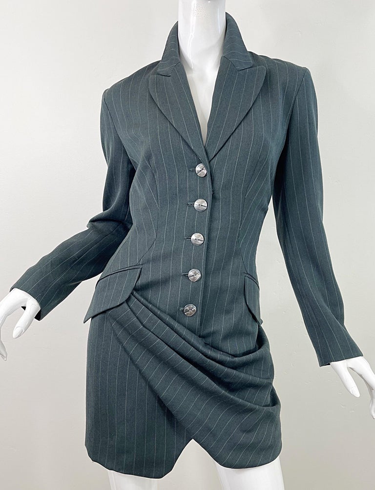 1990s Byron Lars Size 4 / 6 Dark Green Pin Striped Avant Garde Vintage 90s Dress For Sale 10