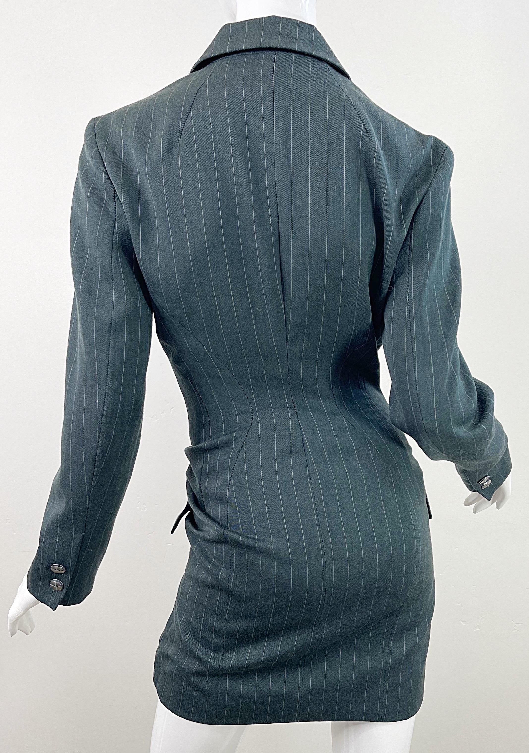 1990s Byron Lars Size 4 / 6 Dark Green Pin Striped Avant Garde Vintage 90s Dress For Sale 11