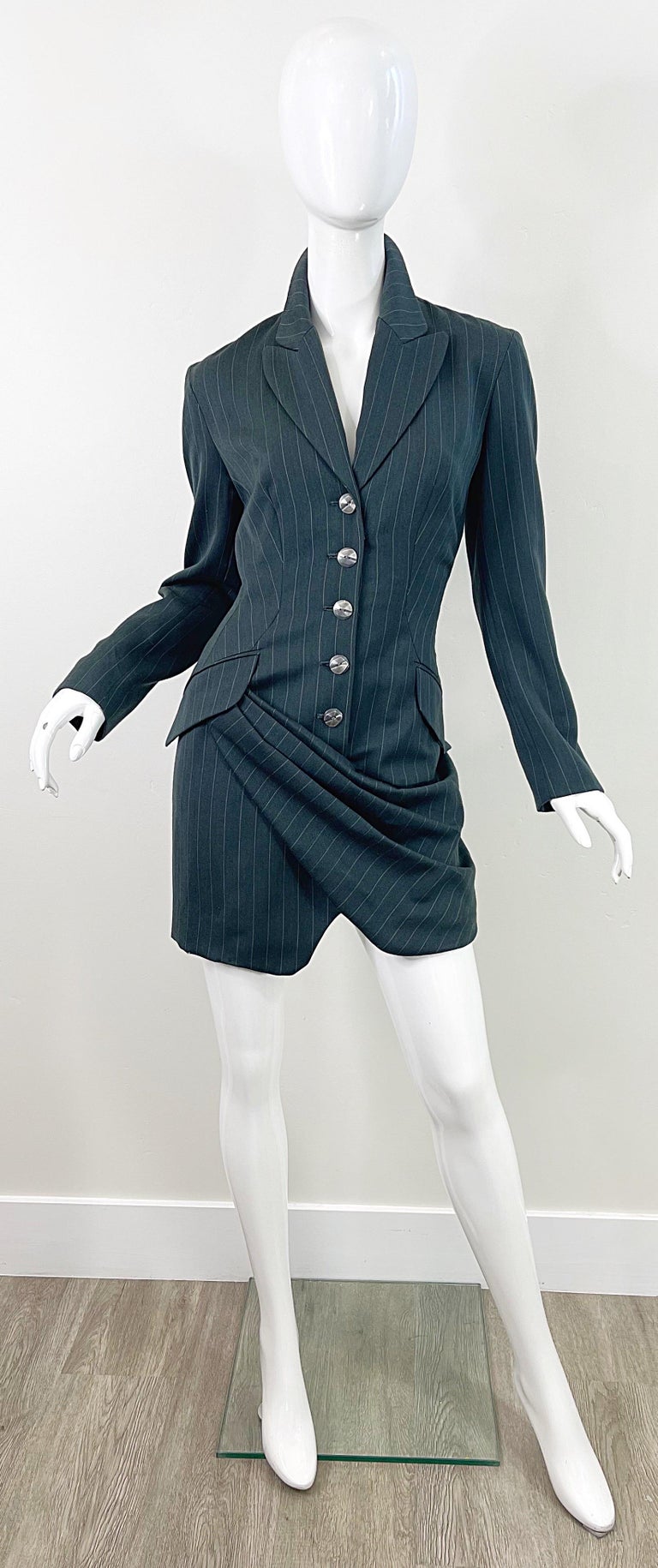 1990s Byron Lars Size 4 / 6 Dark Green Pin Striped Avant Garde Vintage 90s Dress For Sale 12