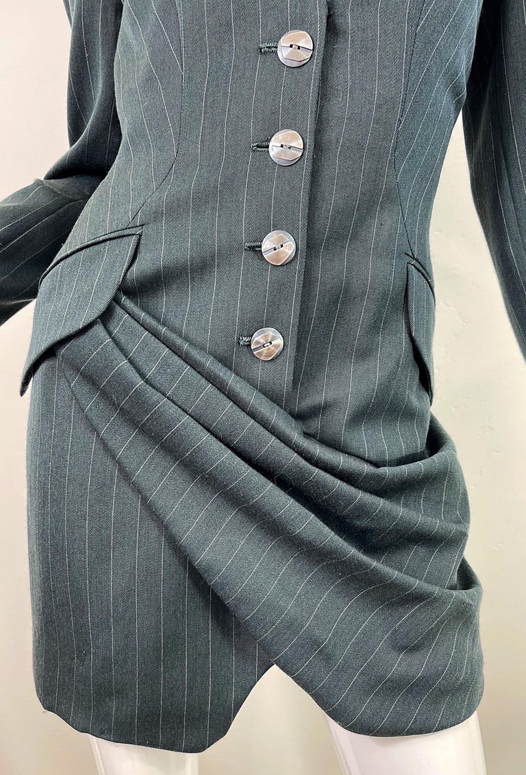 Women's 1990s Byron Lars Size 4 / 6 Dark Green Pin Striped Avant Garde Vintage 90s Dress For Sale
