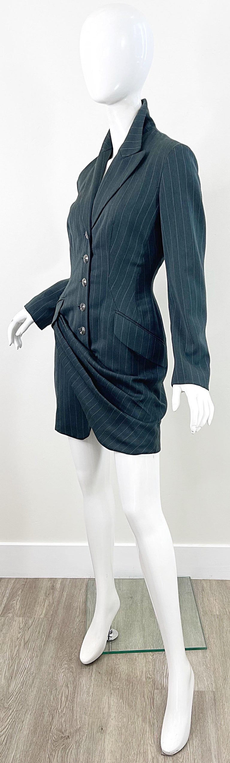 1990s Byron Lars Size 4 / 6 Dark Green Pin Striped Avant Garde Vintage 90s Dress For Sale 2