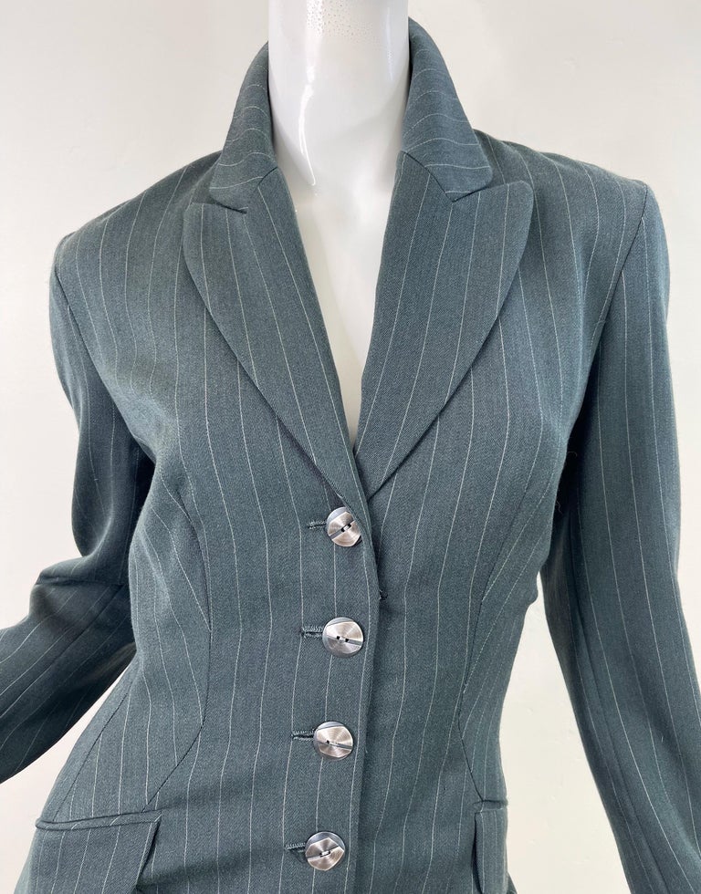 1990s Byron Lars Size 4 / 6 Dark Green Pin Striped Avant Garde Vintage 90s Dress For Sale 3