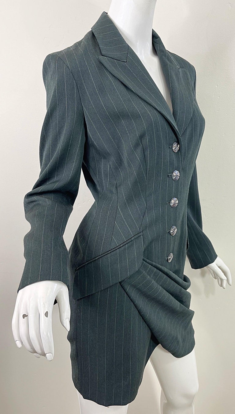 1990s Byron Lars Size 4 / 6 Dark Green Pin Striped Avant Garde Vintage 90s Dress For Sale 4