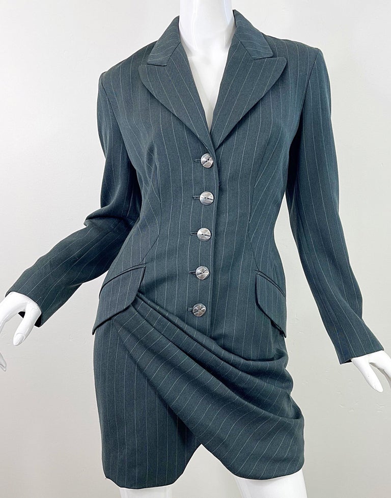 1990s Byron Lars Size 4 / 6 Dark Green Pin Striped Avant Garde Vintage 90s Dress For Sale 5