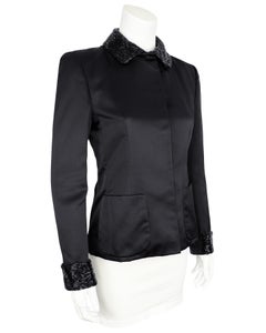 1990s Calvin Klein Black Satin Jacket with Beaded Collar and Cuffs
