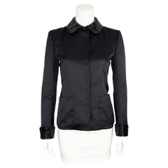 1990s Calvin Klein Black Satin Jacket with Beaded Collar and Cuffs