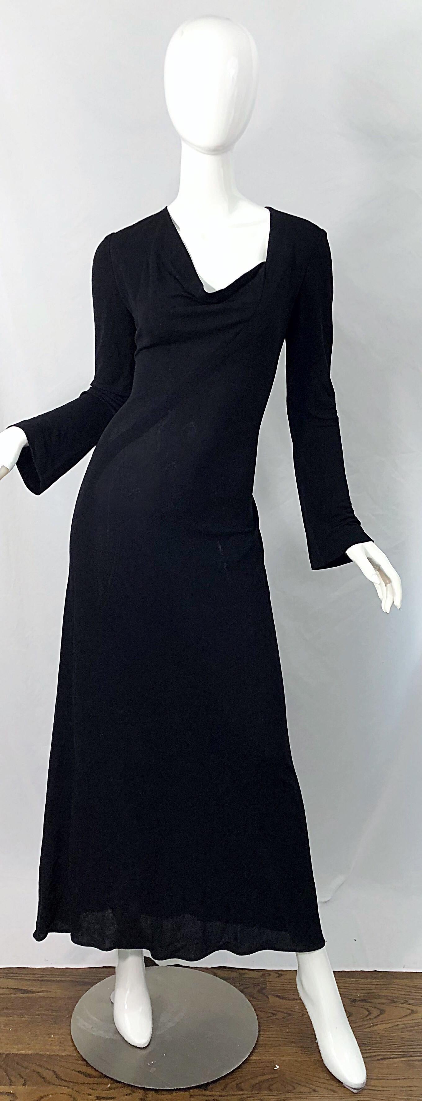 1990s Calvin Klein Collection Black Rayon Jersey Draped Neck Vintage 90s Gown  For Sale 5