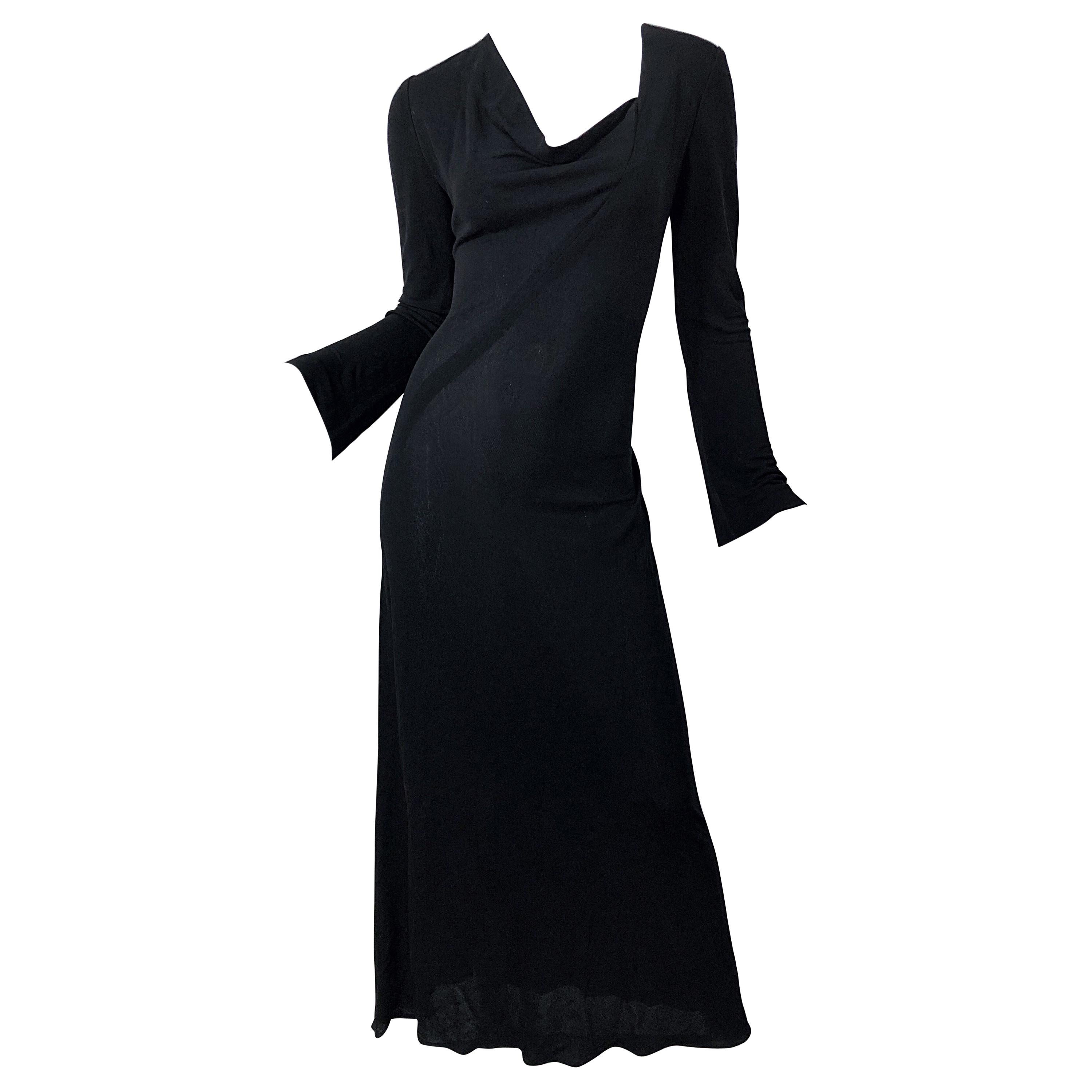 1990s Calvin Klein Collection Black Rayon Jersey Draped Neck Vintage 90s Gown  For Sale