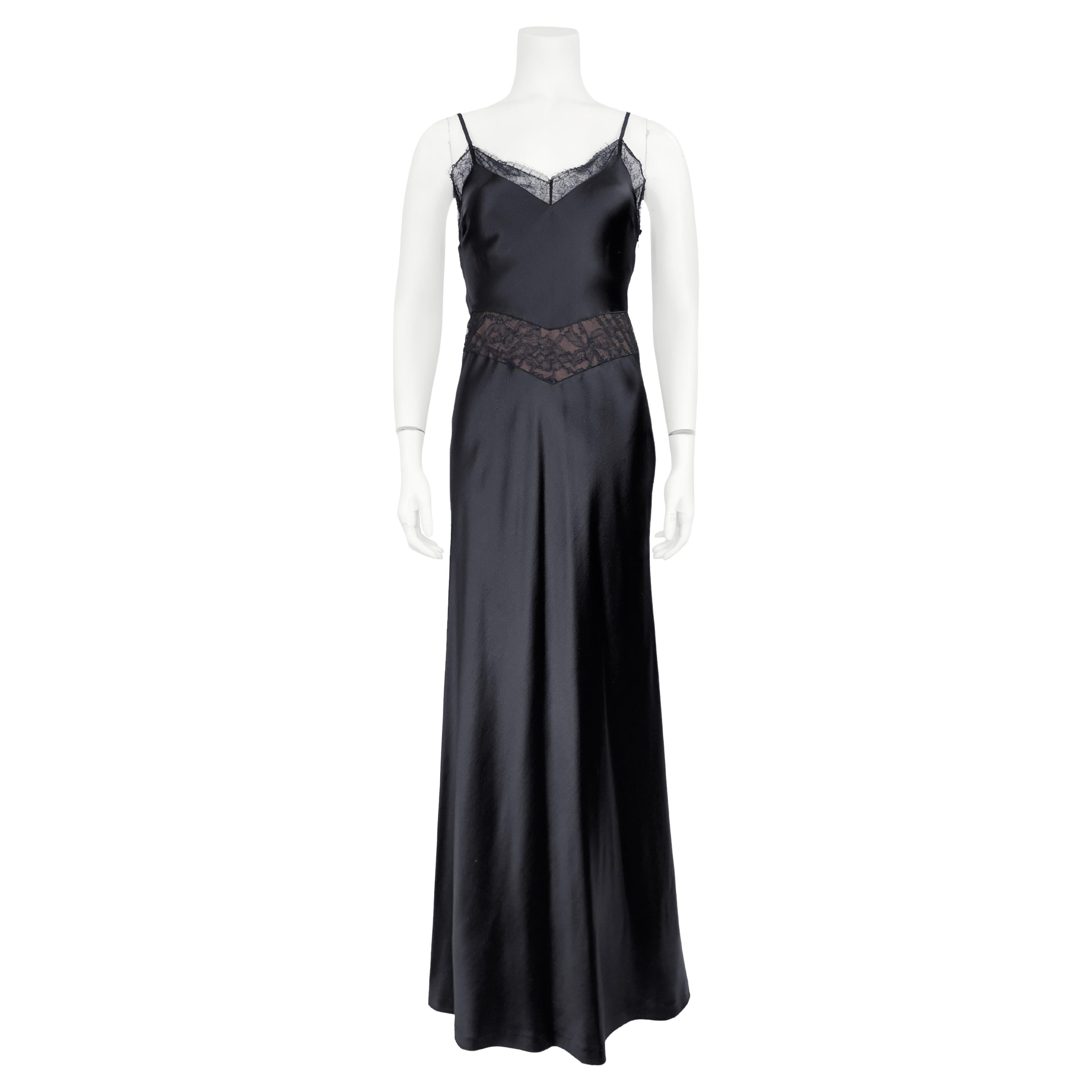 1990s Calvin Klein Collection Black Silk and Lace Slip Gown For Sale