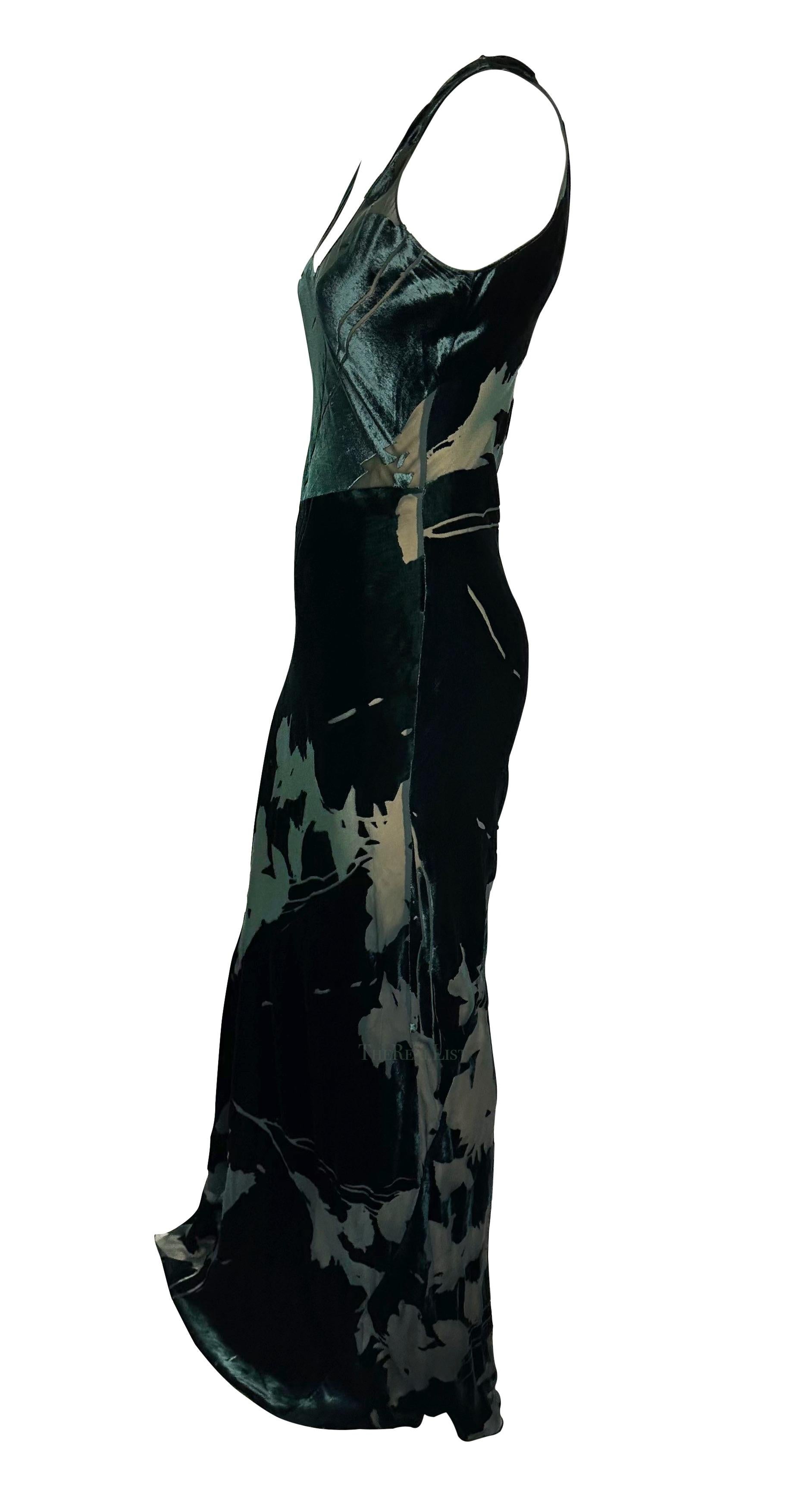 1990s Calvin Klein Green Floral Devoré Velvet Sheer Full Length Slip Gown In Excellent Condition In West Hollywood, CA