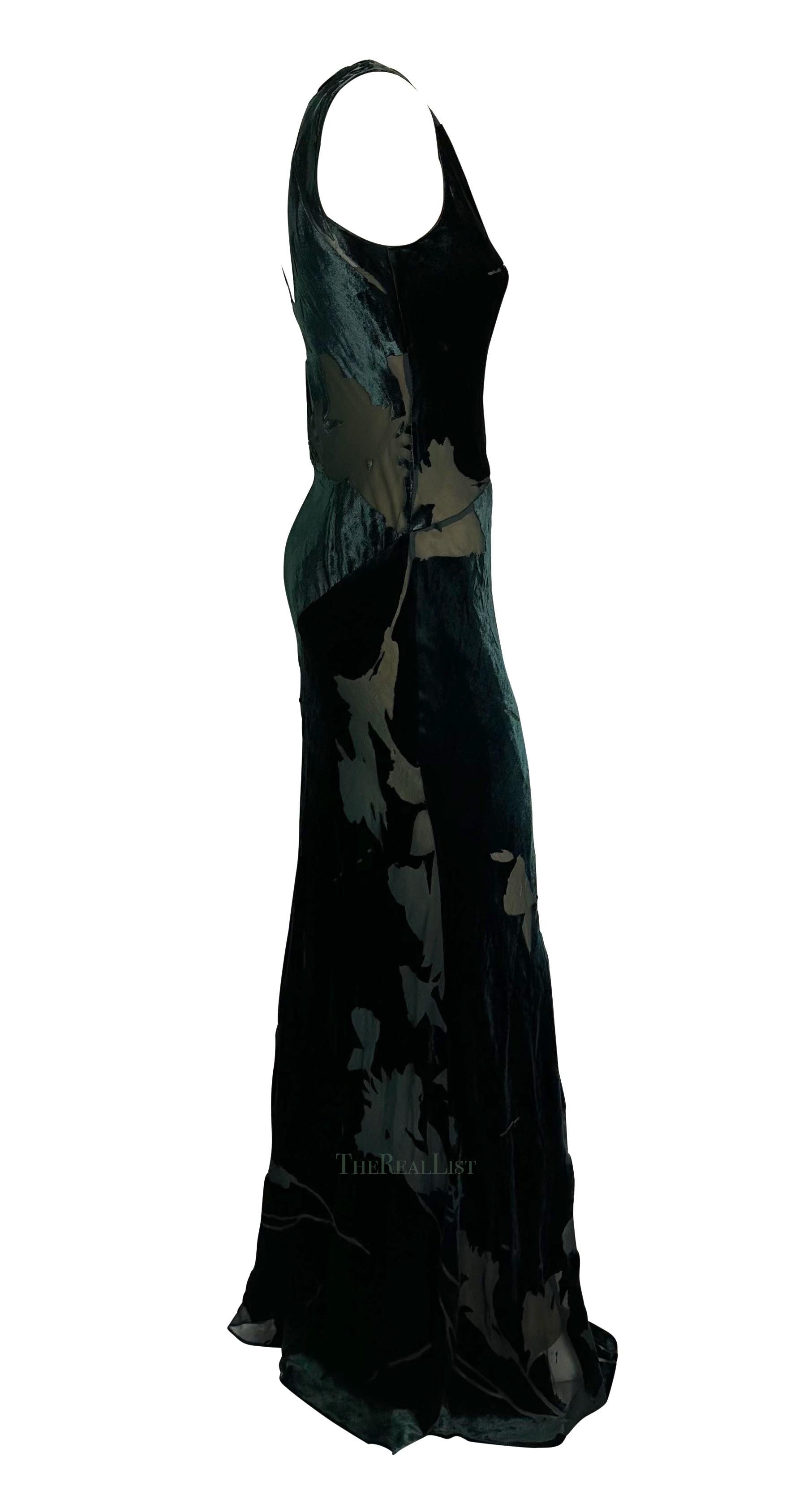 1990s Calvin Klein Green Floral Devoré Velvet Sheer Full Length Slip Gown 2