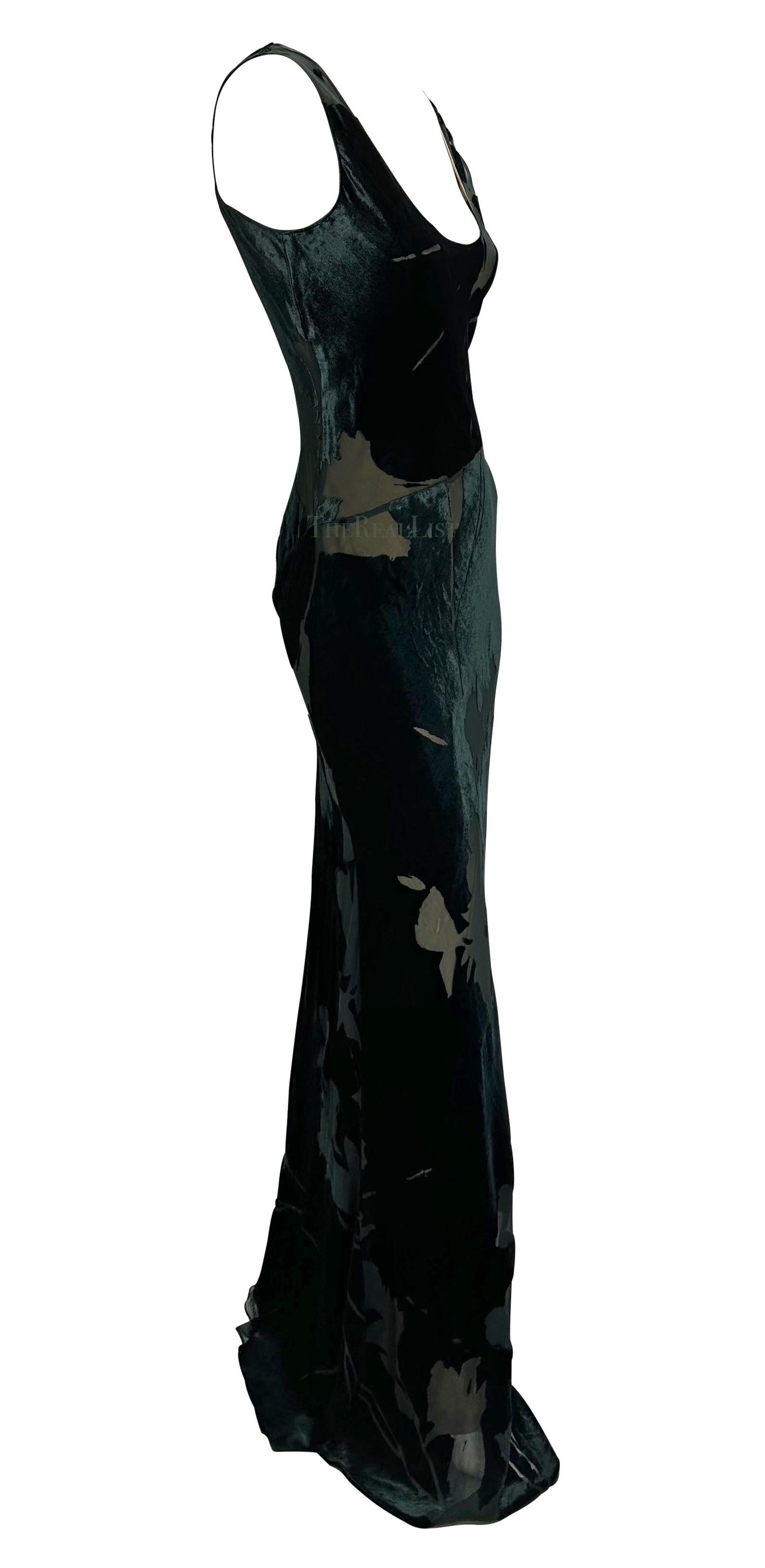 1990s Calvin Klein Green Floral Devoré Velvet Sheer Full Length Slip Gown 3