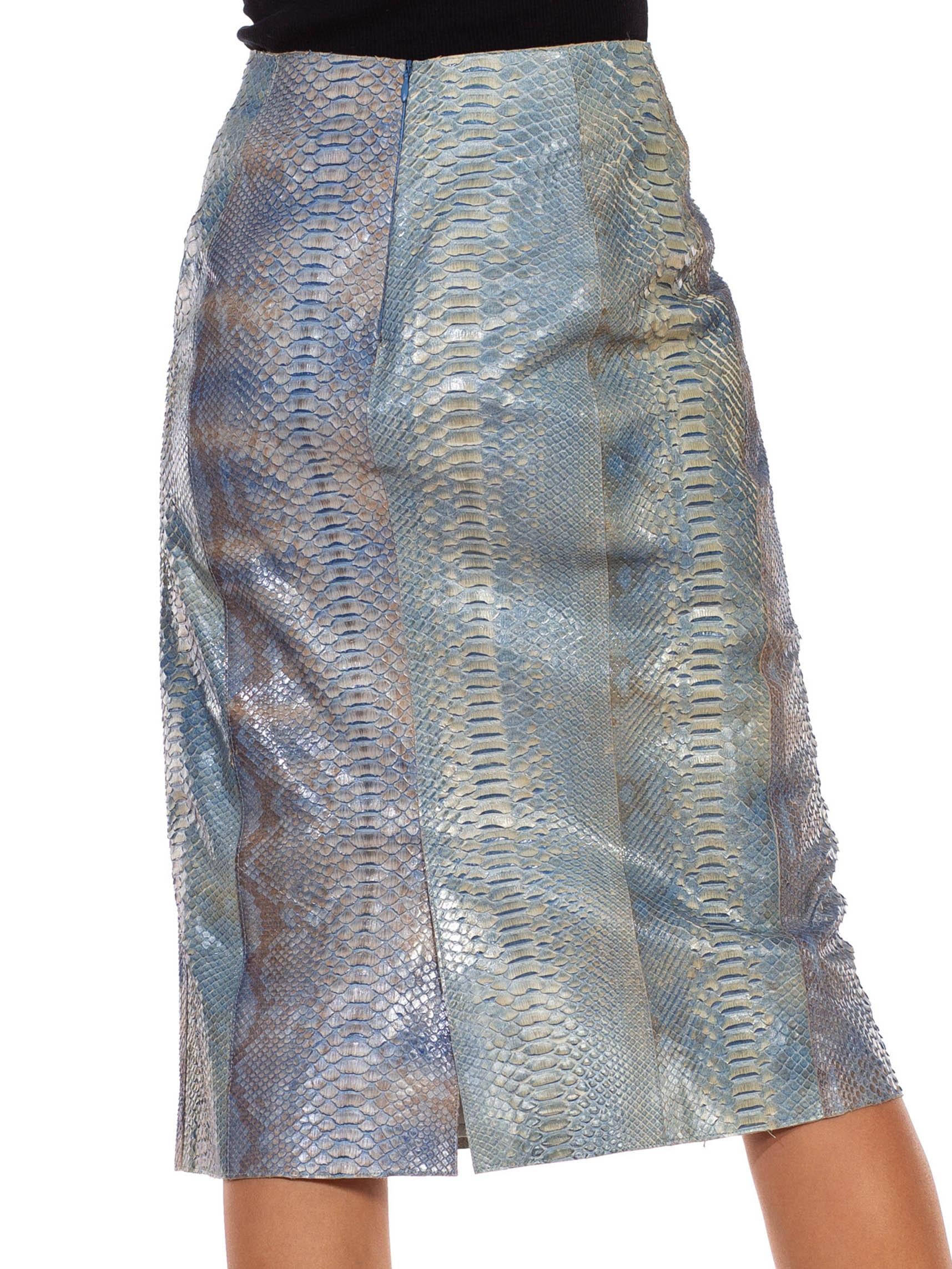 Gray 1990S CALVIN KLEIN Light Blue Snake Skin Hand Dyed Pencil Skirt For Sale