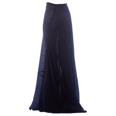 2000S CALVIN KLEIN Navy Blue Sheer Silk Textured Chiffon Bias & Trained Skirt