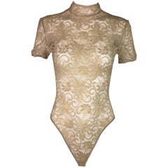 Vintage 1990's Calvin Klein Sheer Nude Lace Bodysuit Top S/M