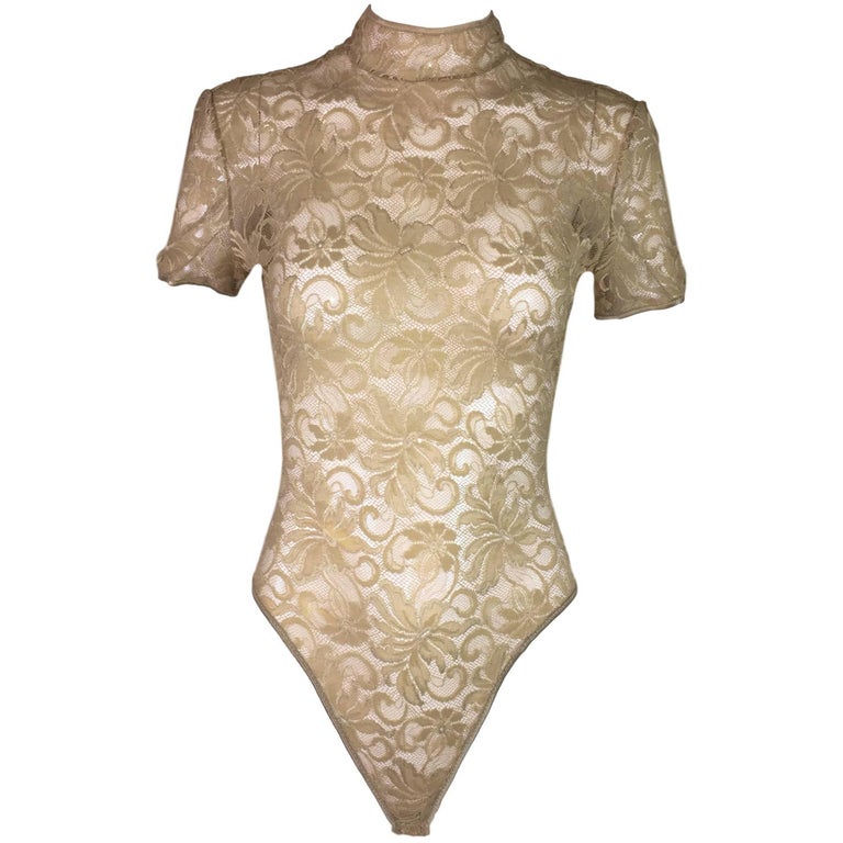 1990's Calvin Klein Sheer Nude Lace Bodysuit Top S/M at 1stdibs