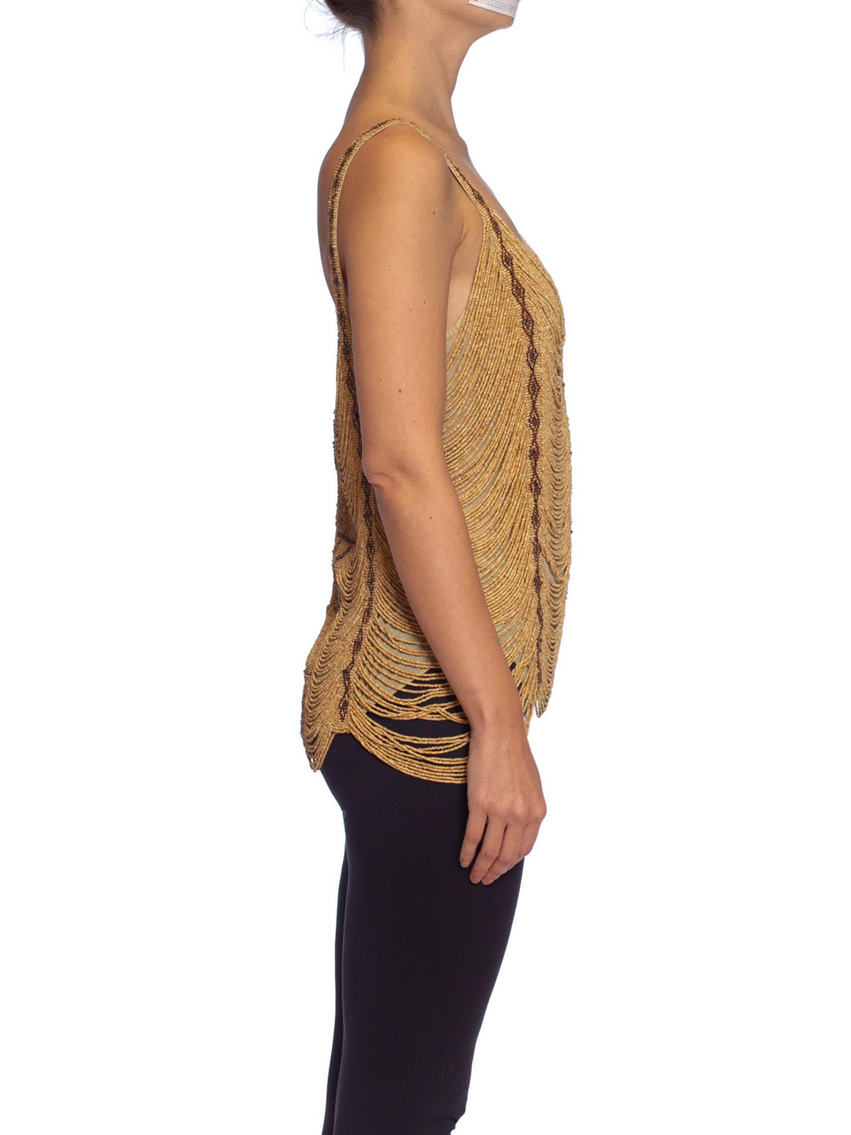 1990S Camel Silk Chiffon African Style Wood & Bone Beaded Camisole In Excellent Condition In New York, NY