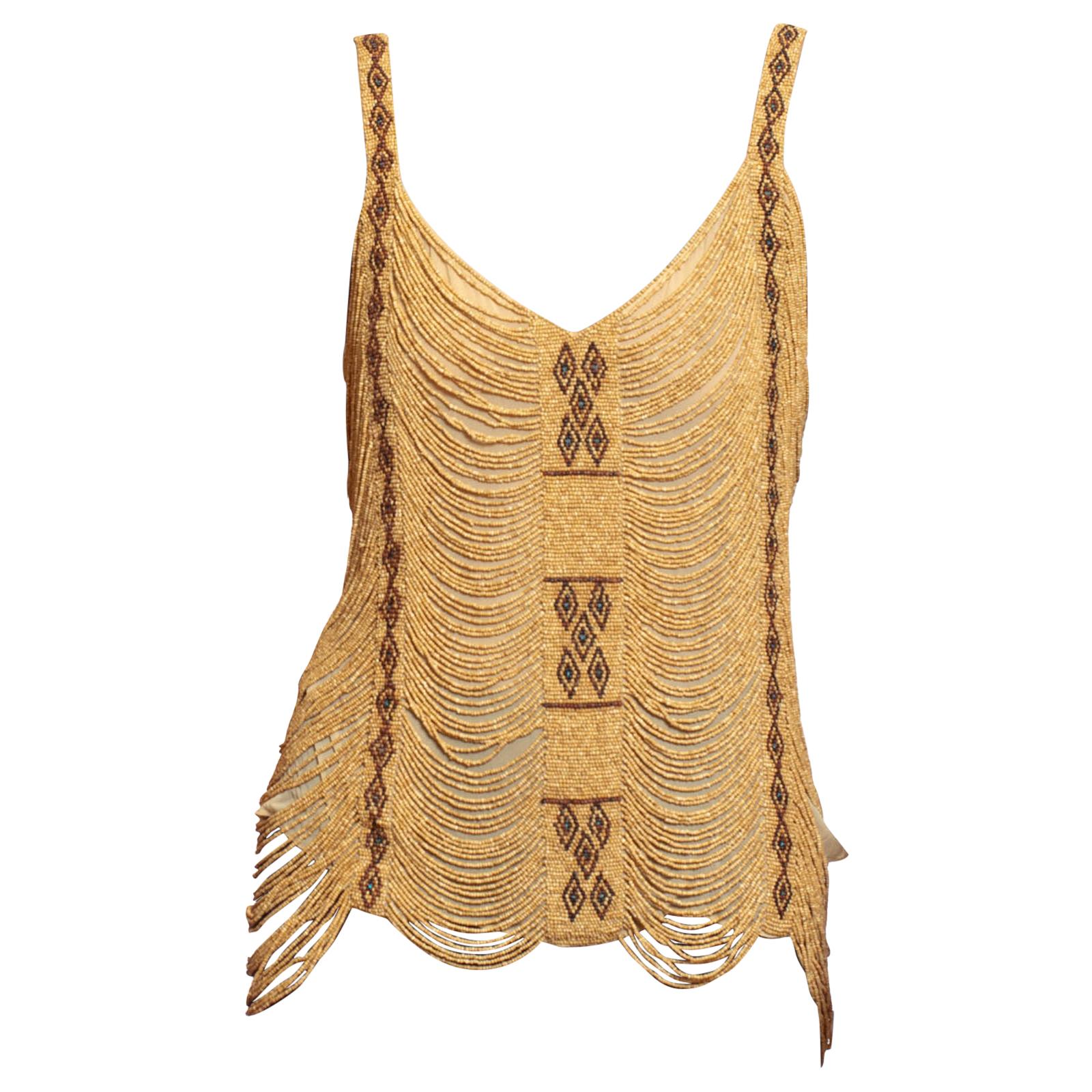 1990S Camel Silk Chiffon African Style Wood & Bone Beaded Camisole