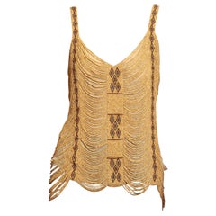 1990S Camel Silk Chiffon African Style Wood & Bone Beaded Camisole