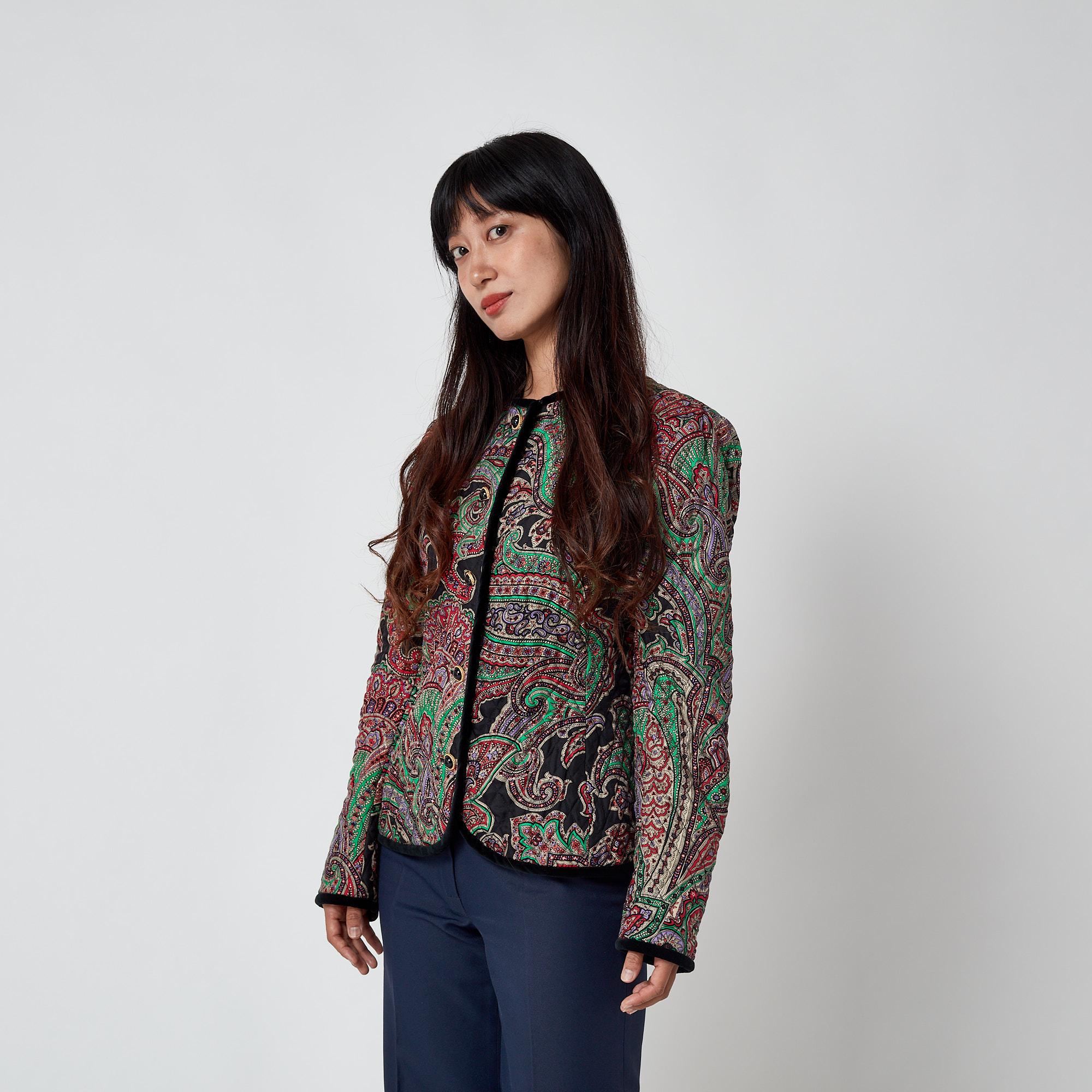 1990s Carlisle Silk Paisley Quilted Jacket with Velvet Trim For Sale 5