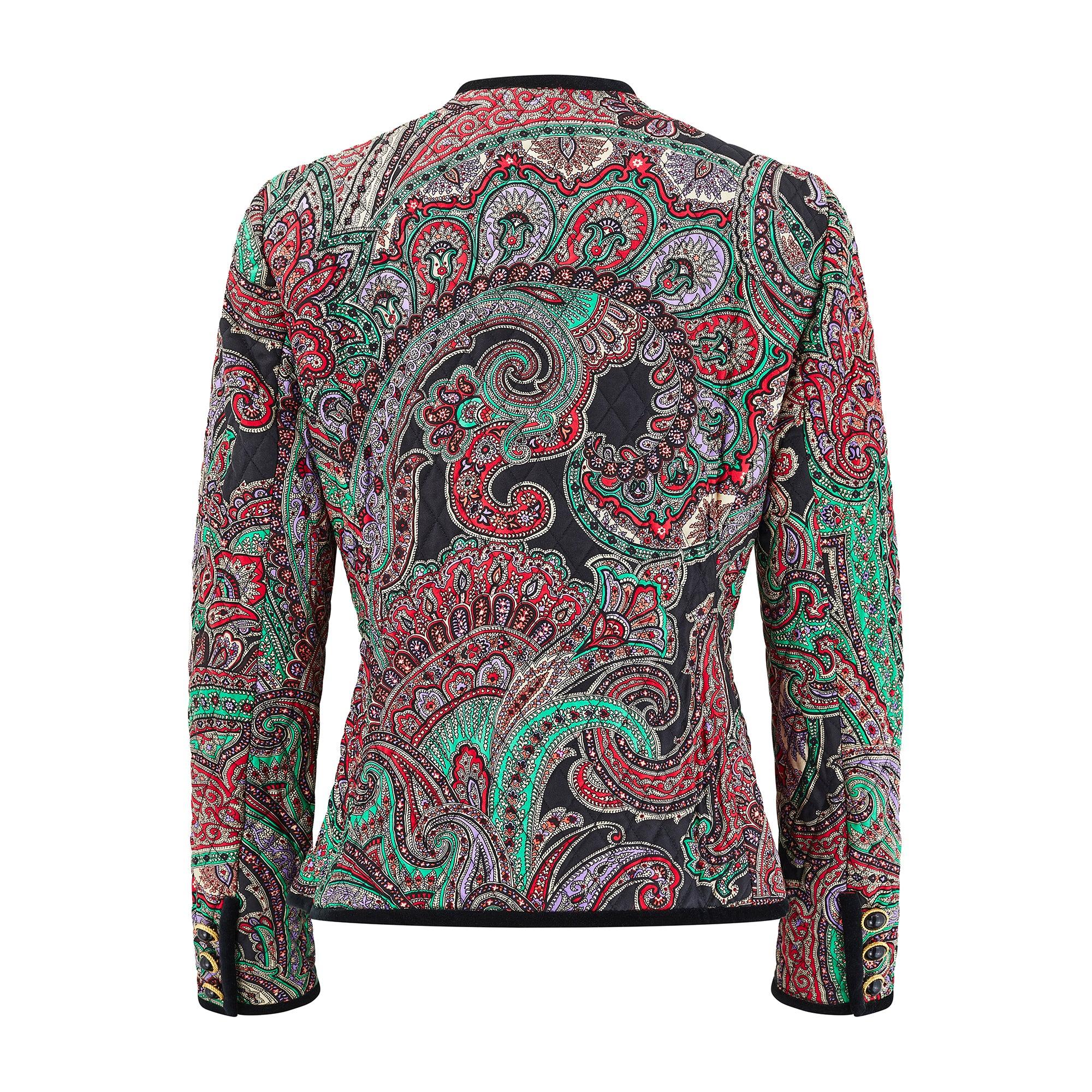Black 1990s Carlisle Silk Paisley Quilted Jacket with Velvet Trim For Sale
