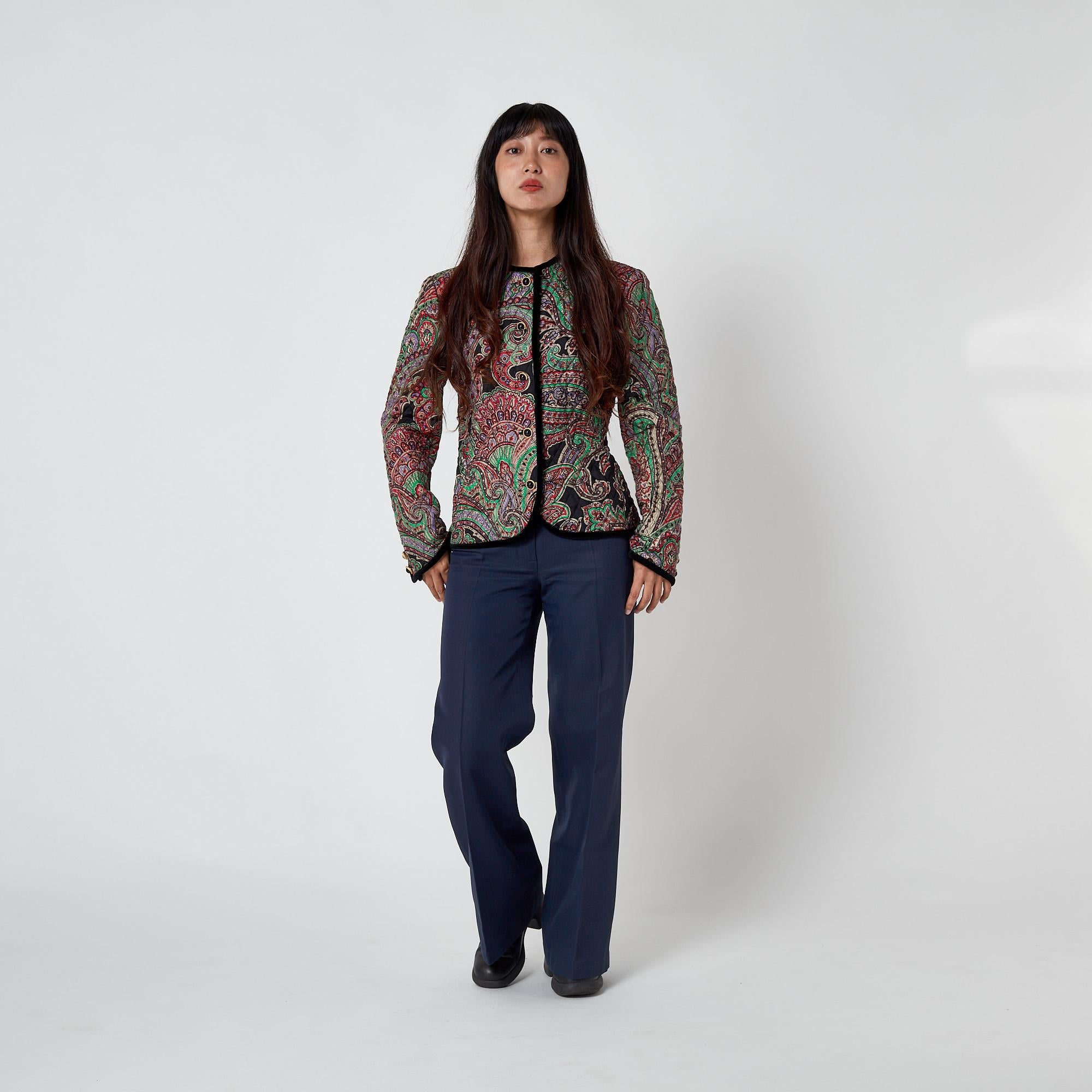 1990s Carlisle Silk Paisley Quilted Jacket with Velvet Trim For Sale 2