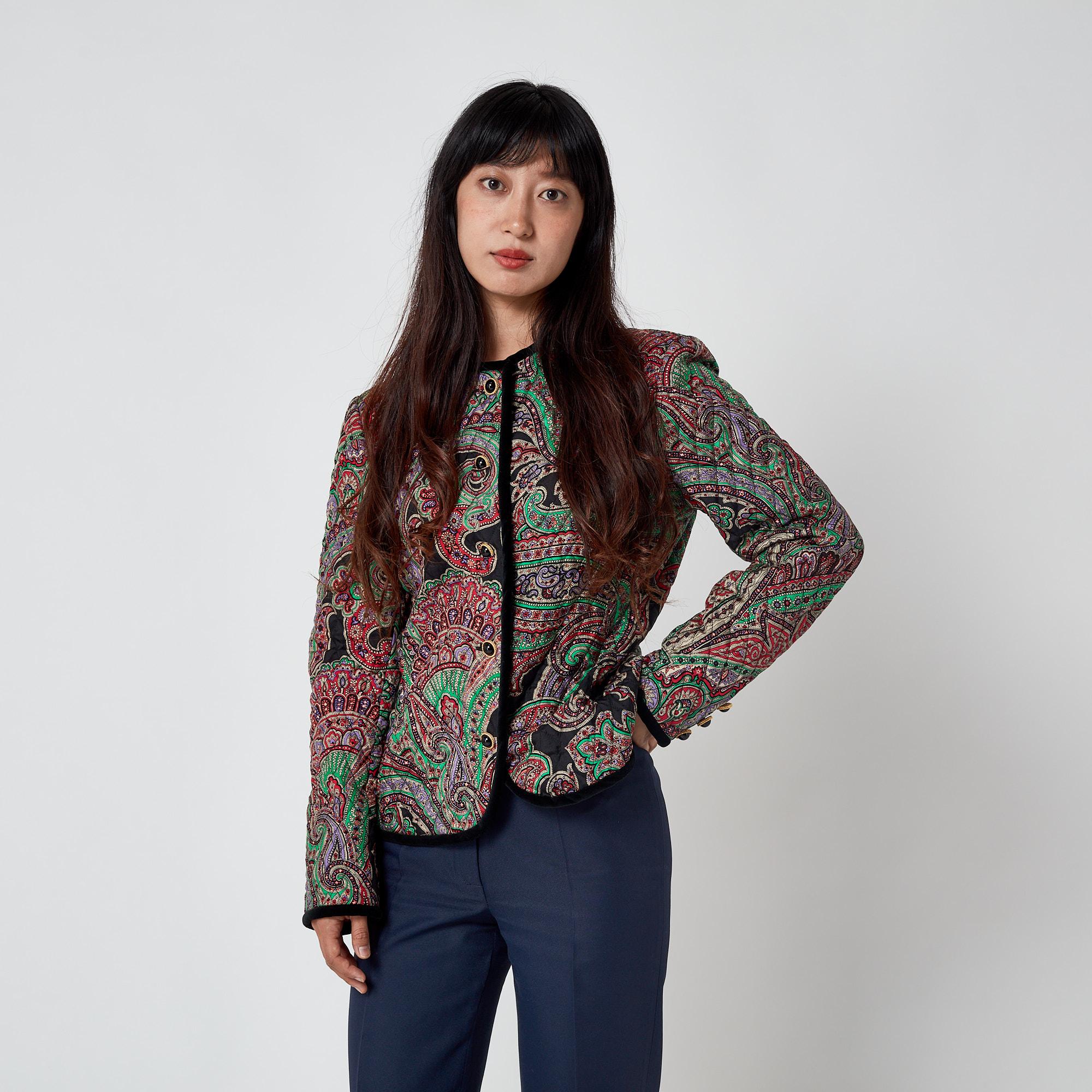 1990s Carlisle Silk Paisley Quilted Jacket with Velvet Trim For Sale 3