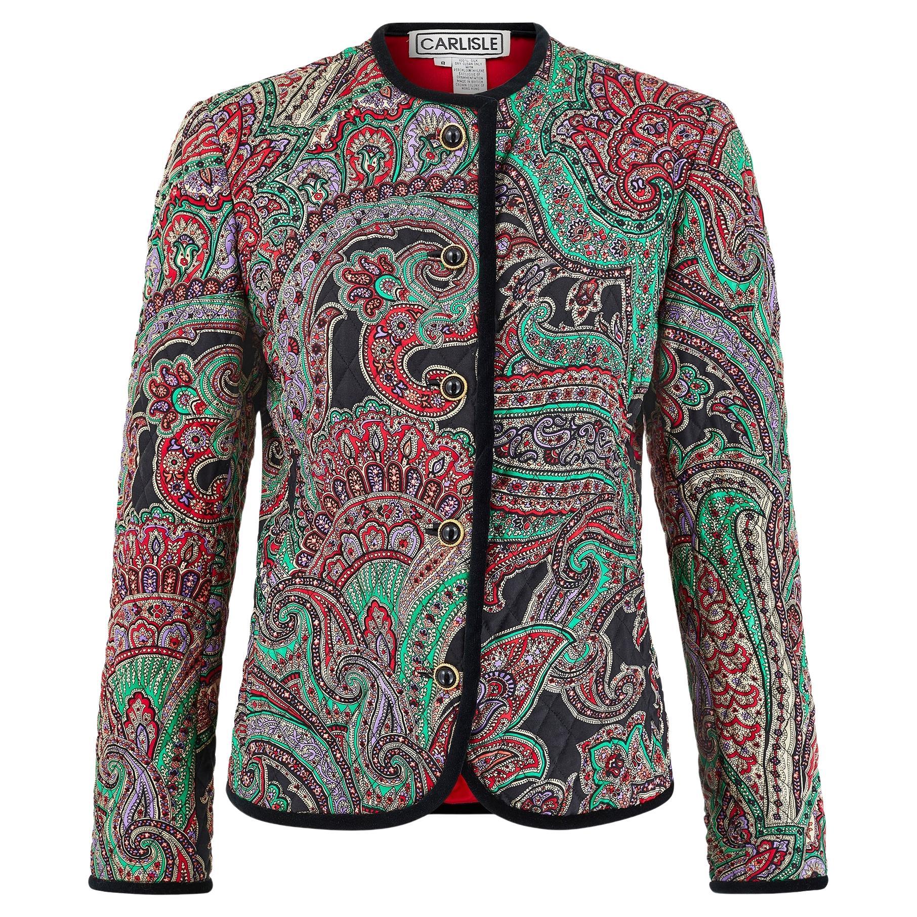 1990s Carlisle Silk Paisley Quilted Jacket with Velvet Trim For Sale