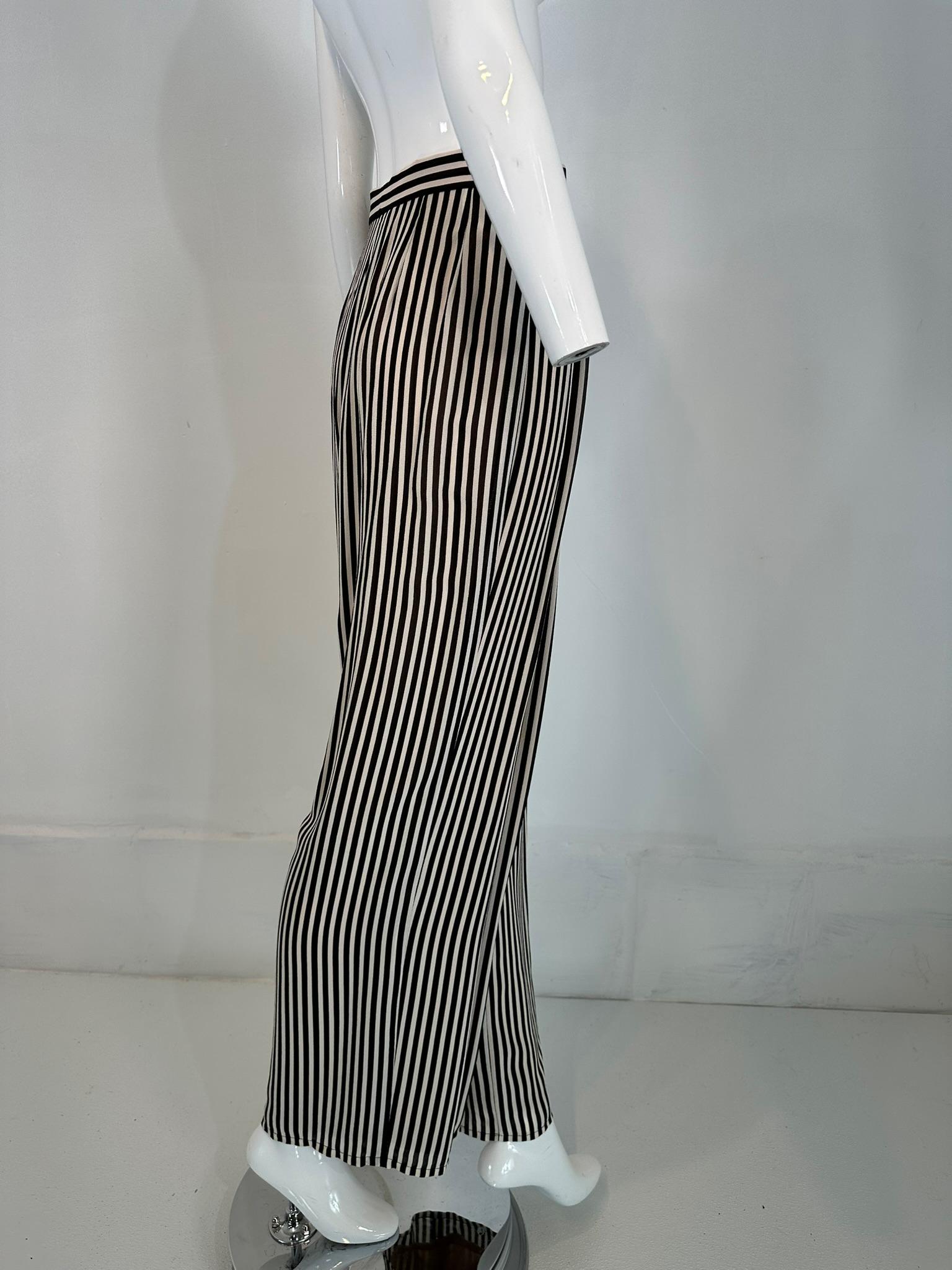1990s Carlislie Black & White Silk Stripe Pleat Front Wide Leg Trouser For Sale 6